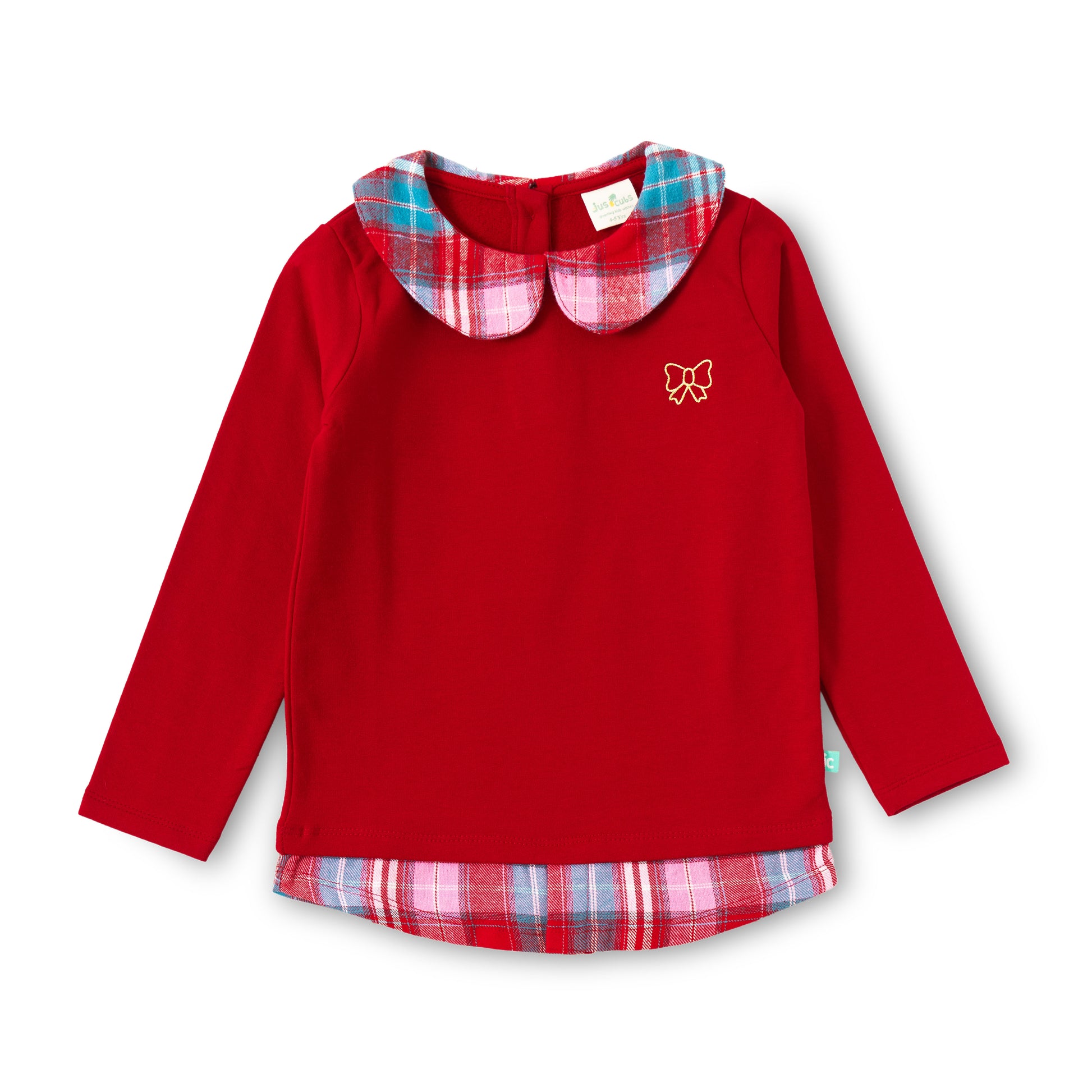 "Girls' Red Full Sleeve Sweatshirt with Checkered Peter Pan Collar & Bow Embroidery"