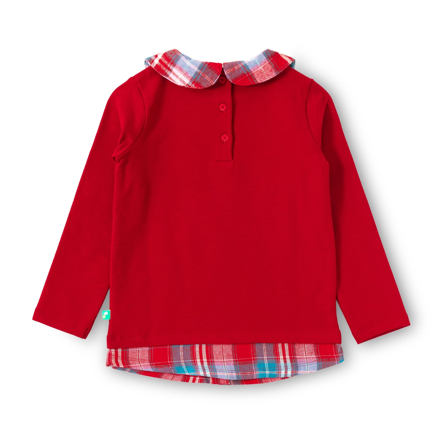 "Girls' Red Full Sleeve Sweatshirt with Checkered Peter Pan Collar & Bow Embroidery"