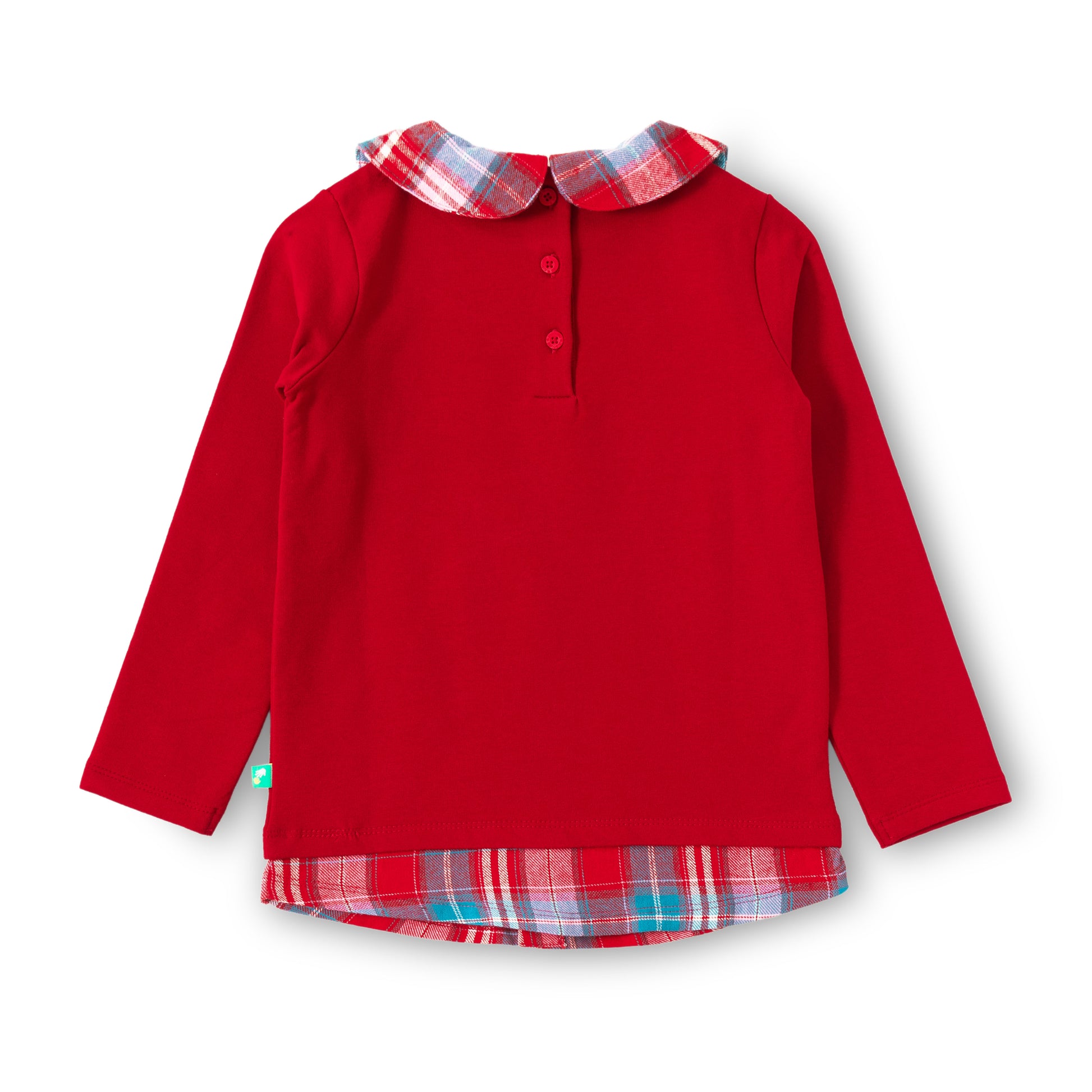 "Girls' Red Full Sleeve Sweatshirt with Checkered Peter Pan Collar & Bow Embroidery"
