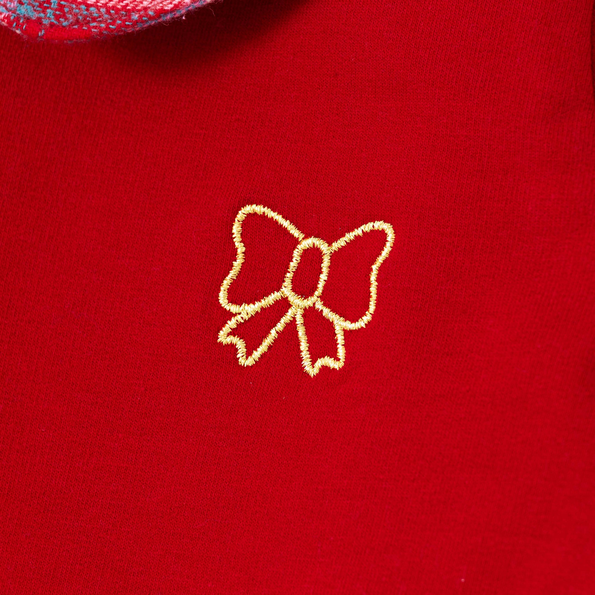 "Girls' Red Full Sleeve Sweatshirt with Checkered Peter Pan Collar & Bow Embroidery"
