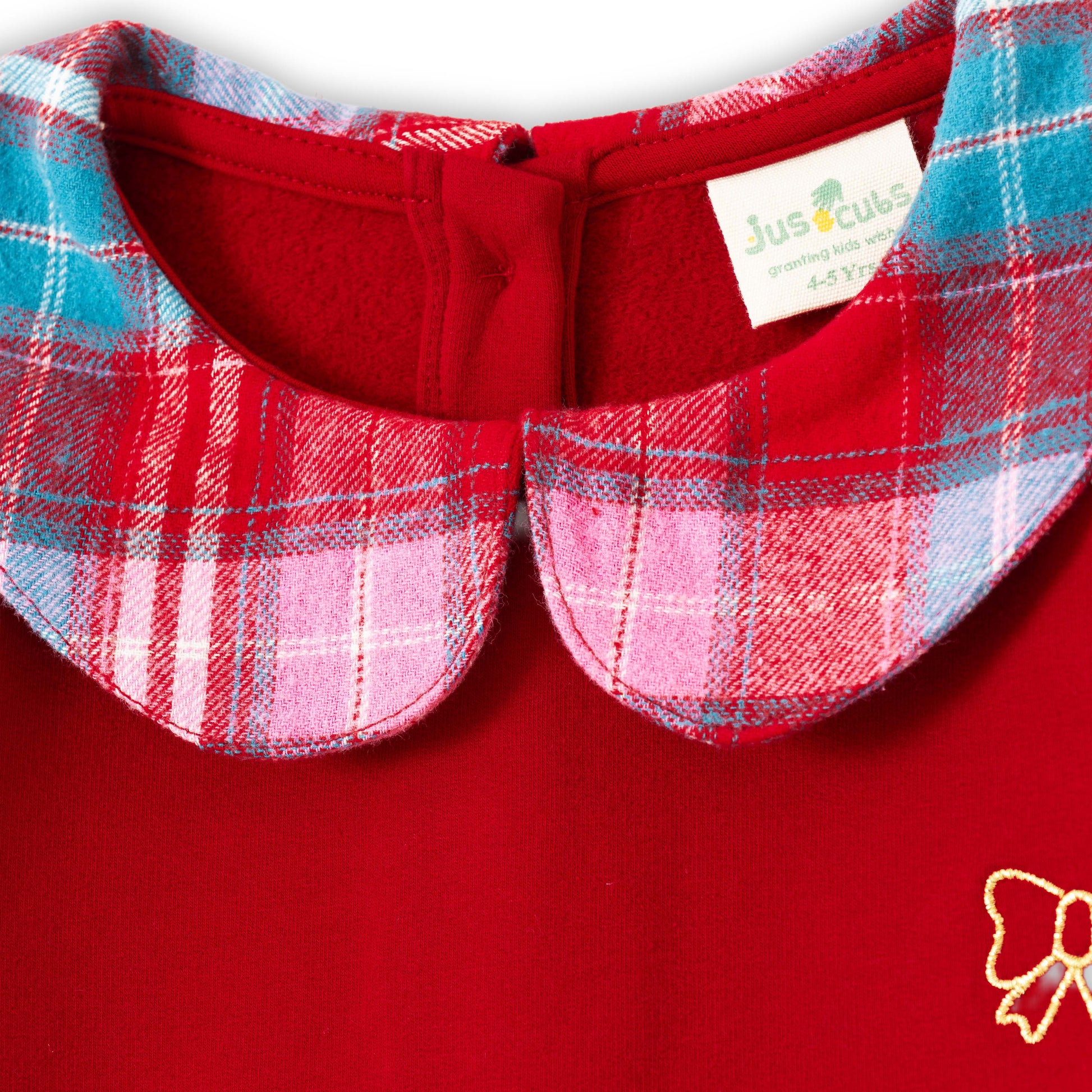 "Girls' Red Full Sleeve Sweatshirt with Checkered Peter Pan Collar & Bow Embroidery"