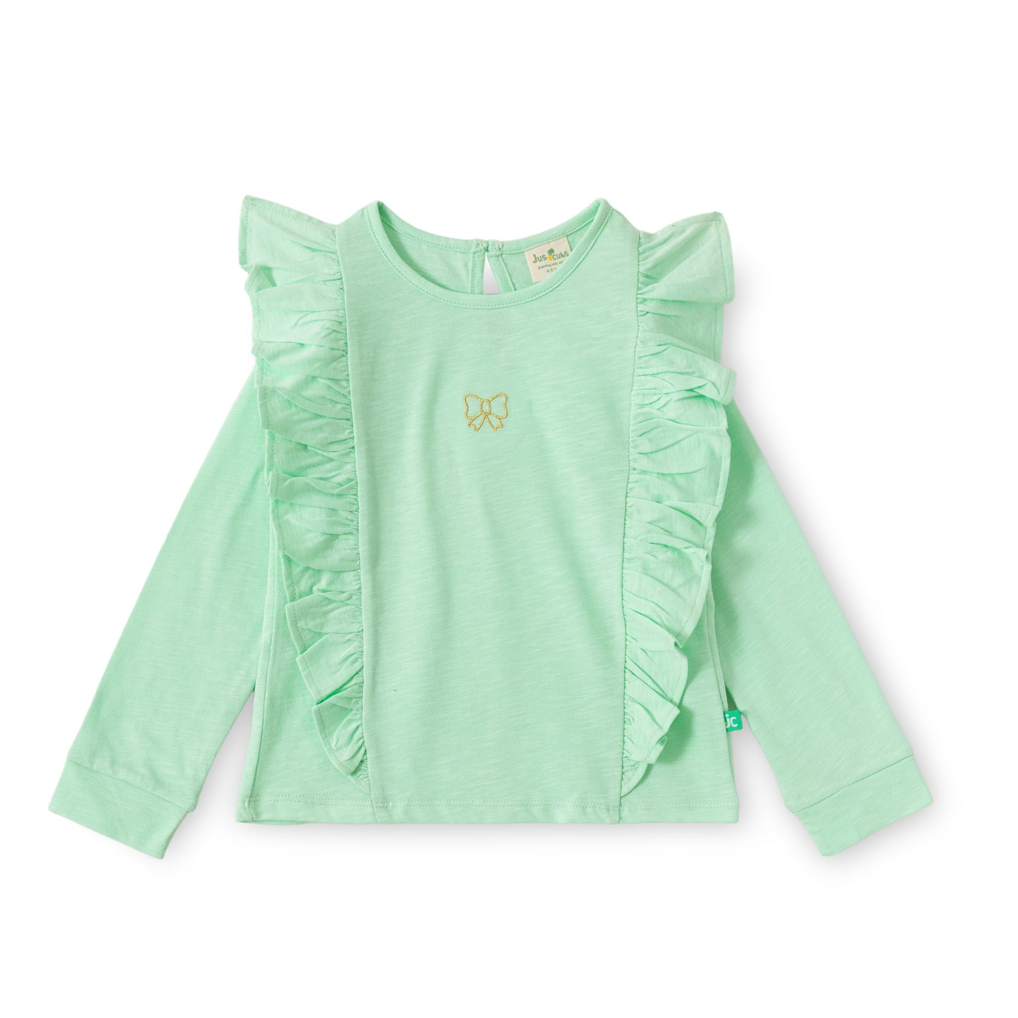 "Girls' Mint Green Full Sleeve T-shirt with Ruffle Detail & Bow Embroidery"
