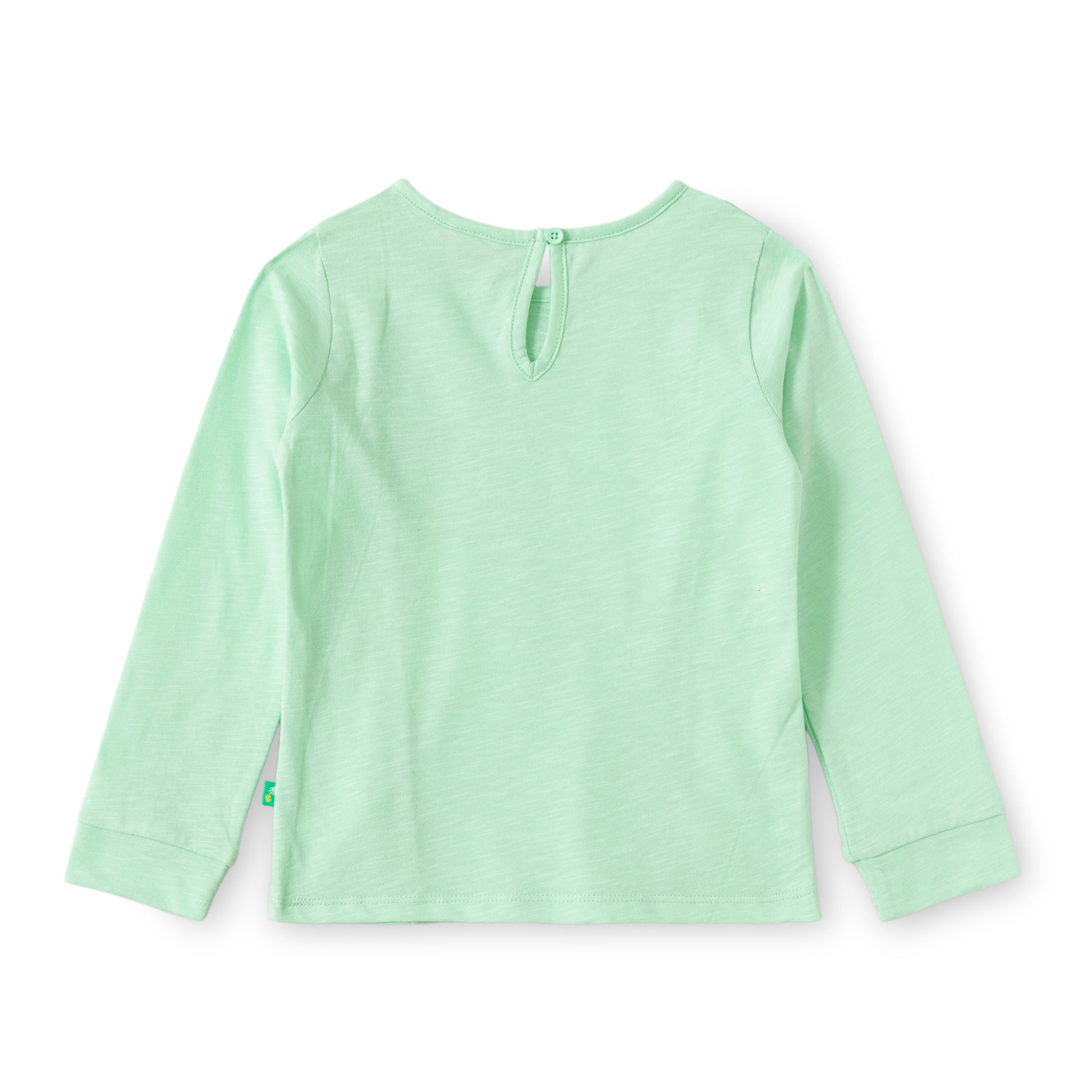 "Girls' Mint Green Full Sleeve T-shirt with Ruffle Detail & Bow Embroidery"