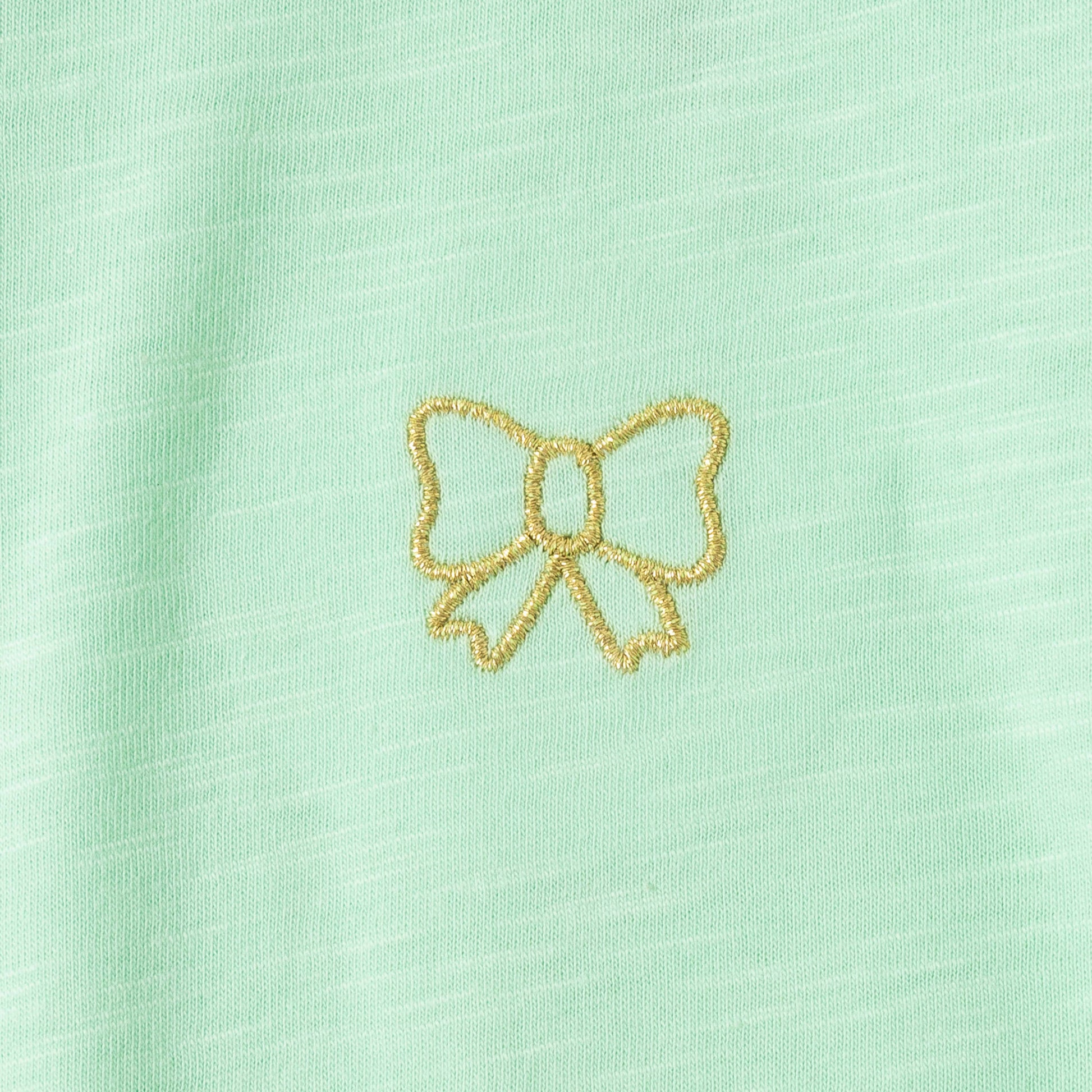 "Girls' Mint Green Full Sleeve T-shirt with Ruffle Detail & Bow Embroidery"
