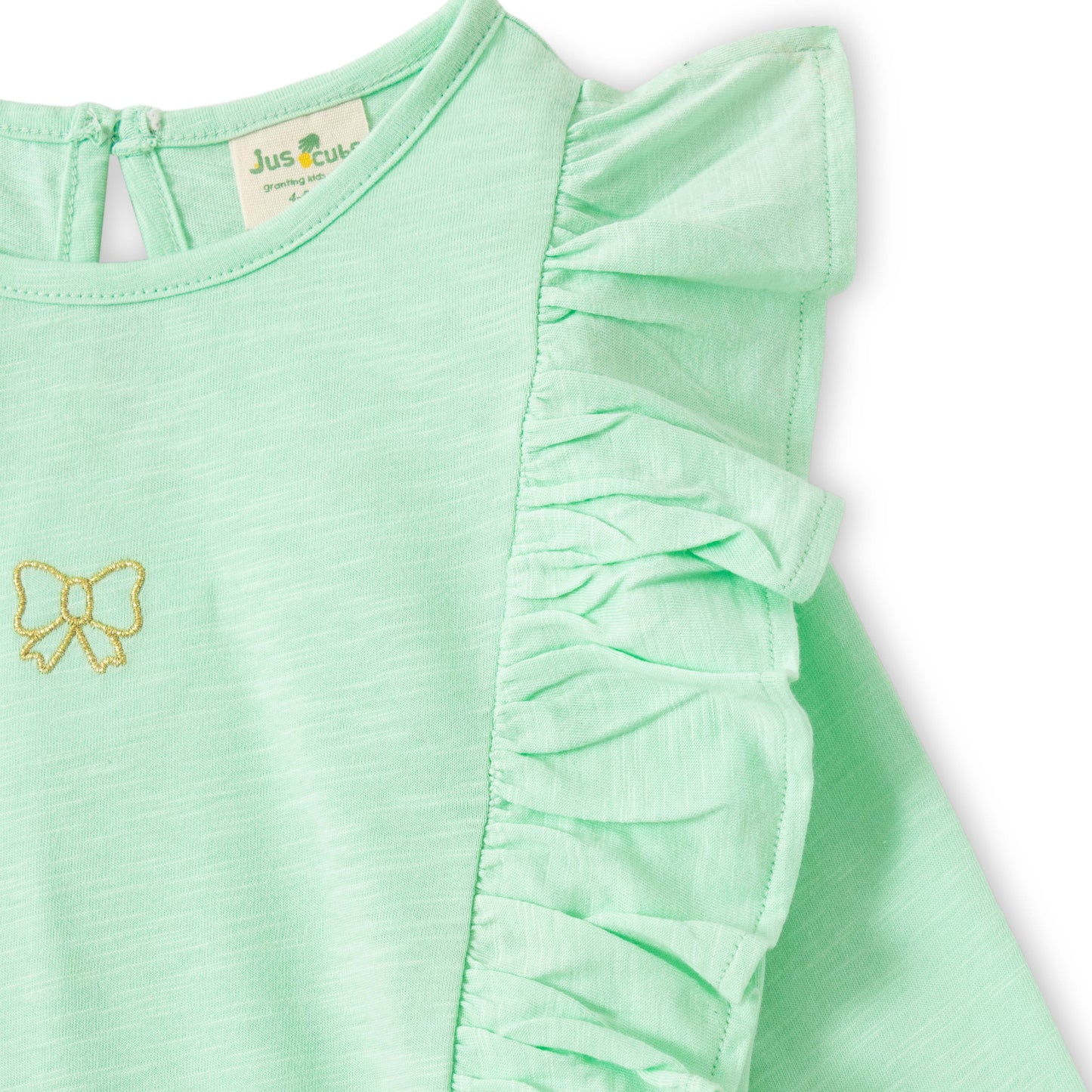 "Girls' Mint Green Full Sleeve T-shirt with Ruffle Detail & Bow Embroidery"