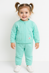 "Baby Girls Mint Green Full Sleeve Front Zipper Sweatshirt & Jogger Set"