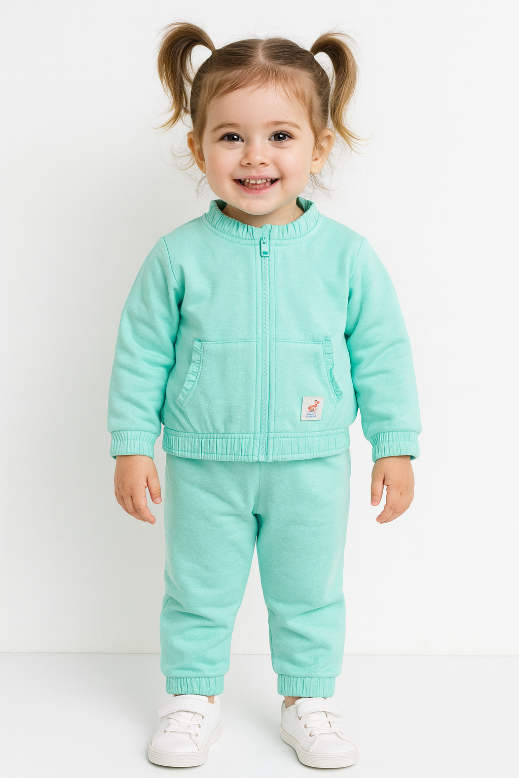 "Baby Girls Mint Green Full Sleeve Front Zipper Sweatshirt & Jogger Set"