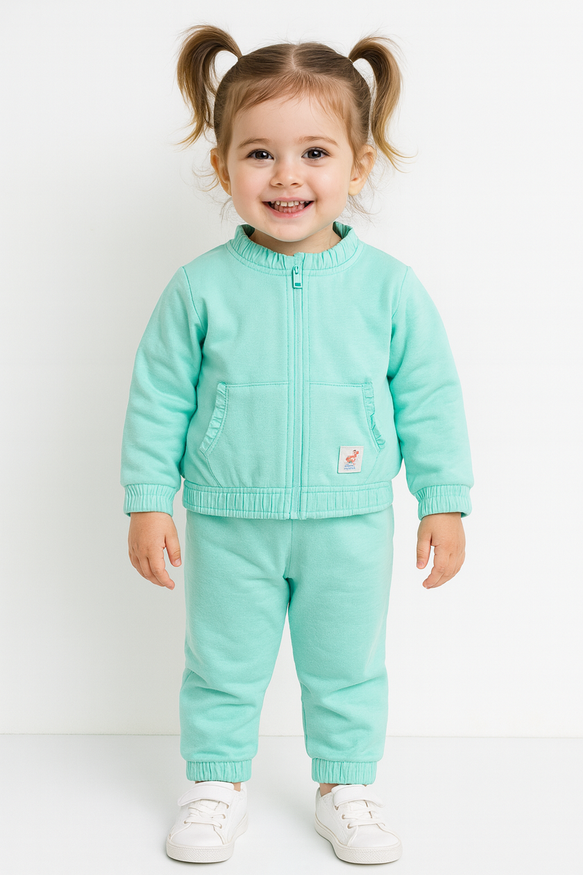 "Baby Girls Mint Green Full Sleeve Front Zipper Sweatshirt & Jogger Set"