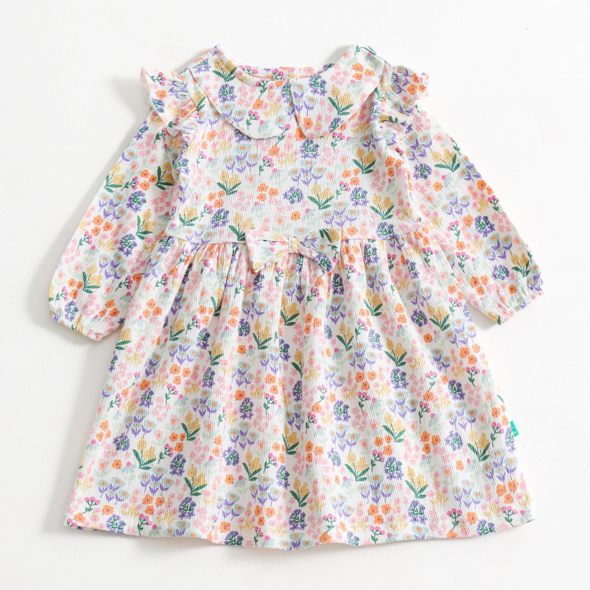 "Baby Girls Long Sleeve Floral Dress with Frill Sleeves & Bow"