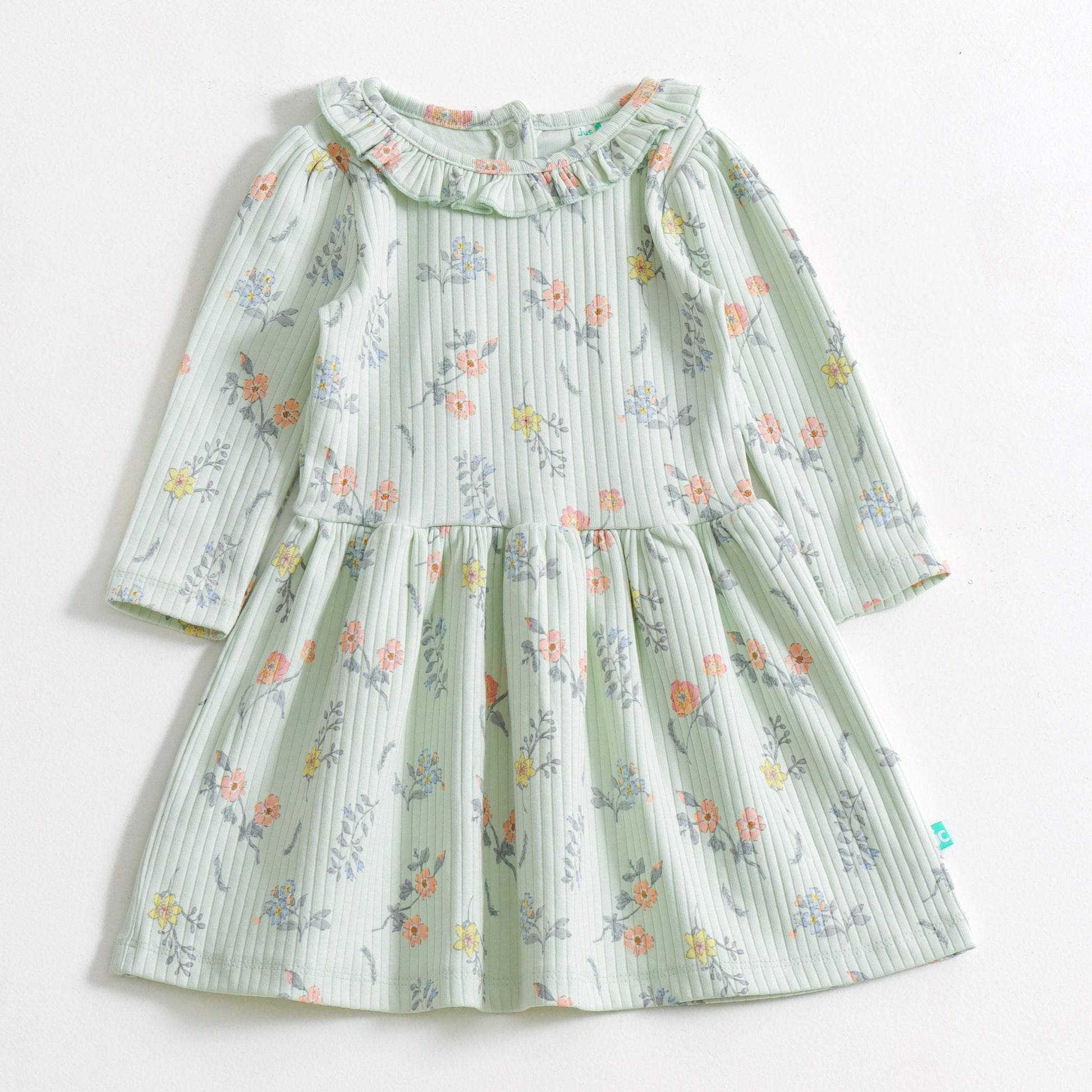 Baby Girls Mint Green Floral Printed Rib Knit Dress Long Sleeve" Juscubs Baby Girls Mint Green Floral Printed Rib Knit Dress Long Sleeve" Juscubs