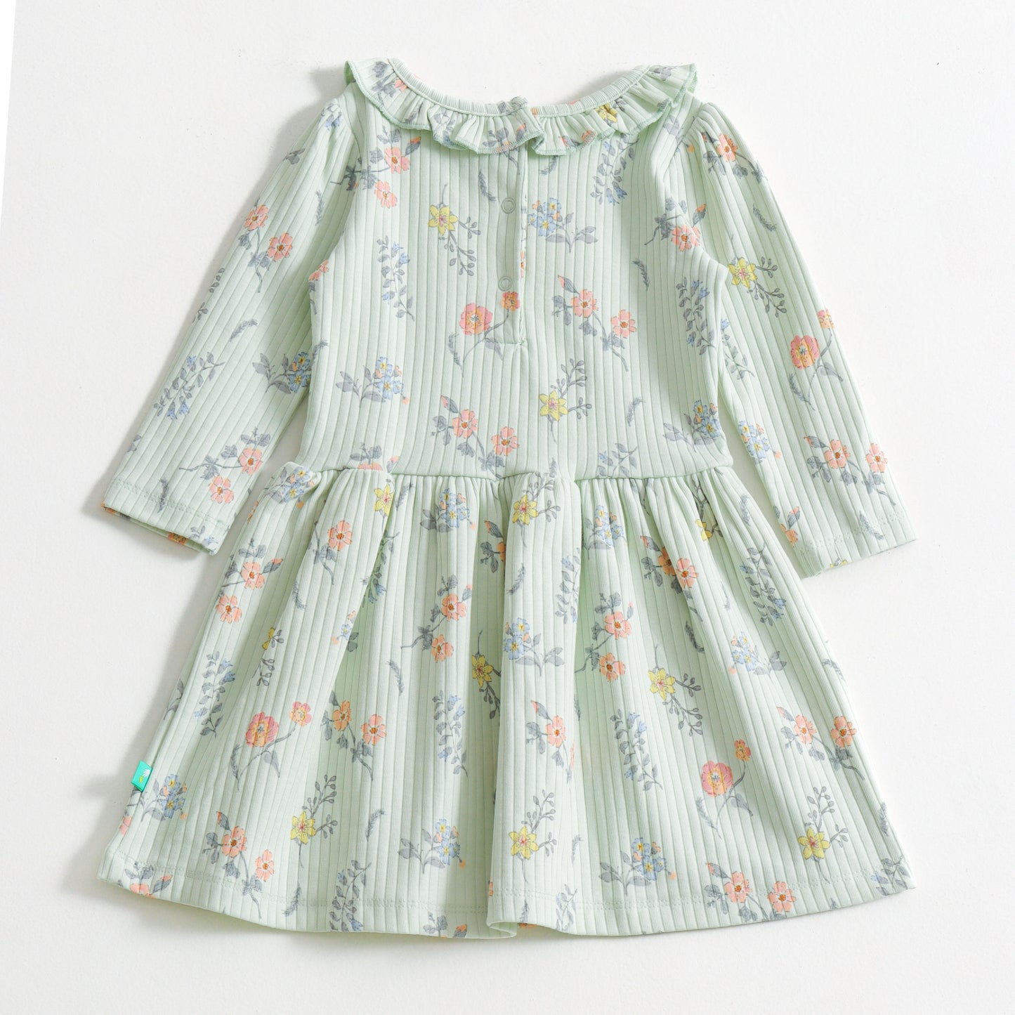 "Baby Girls Mint Green Floral Printed Rib Knit Dress – Long Sleeve"