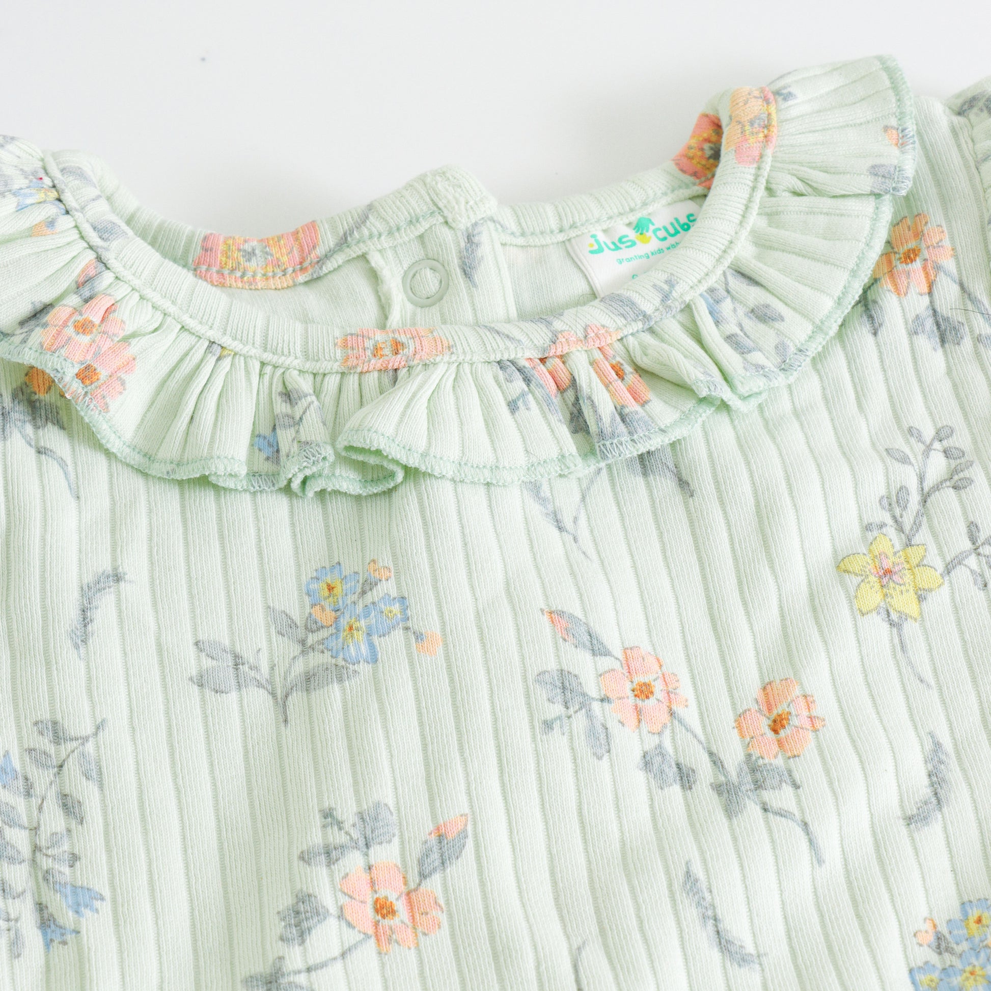 "Baby Girls Mint Green Floral Printed Rib Knit Dress – Long Sleeve"