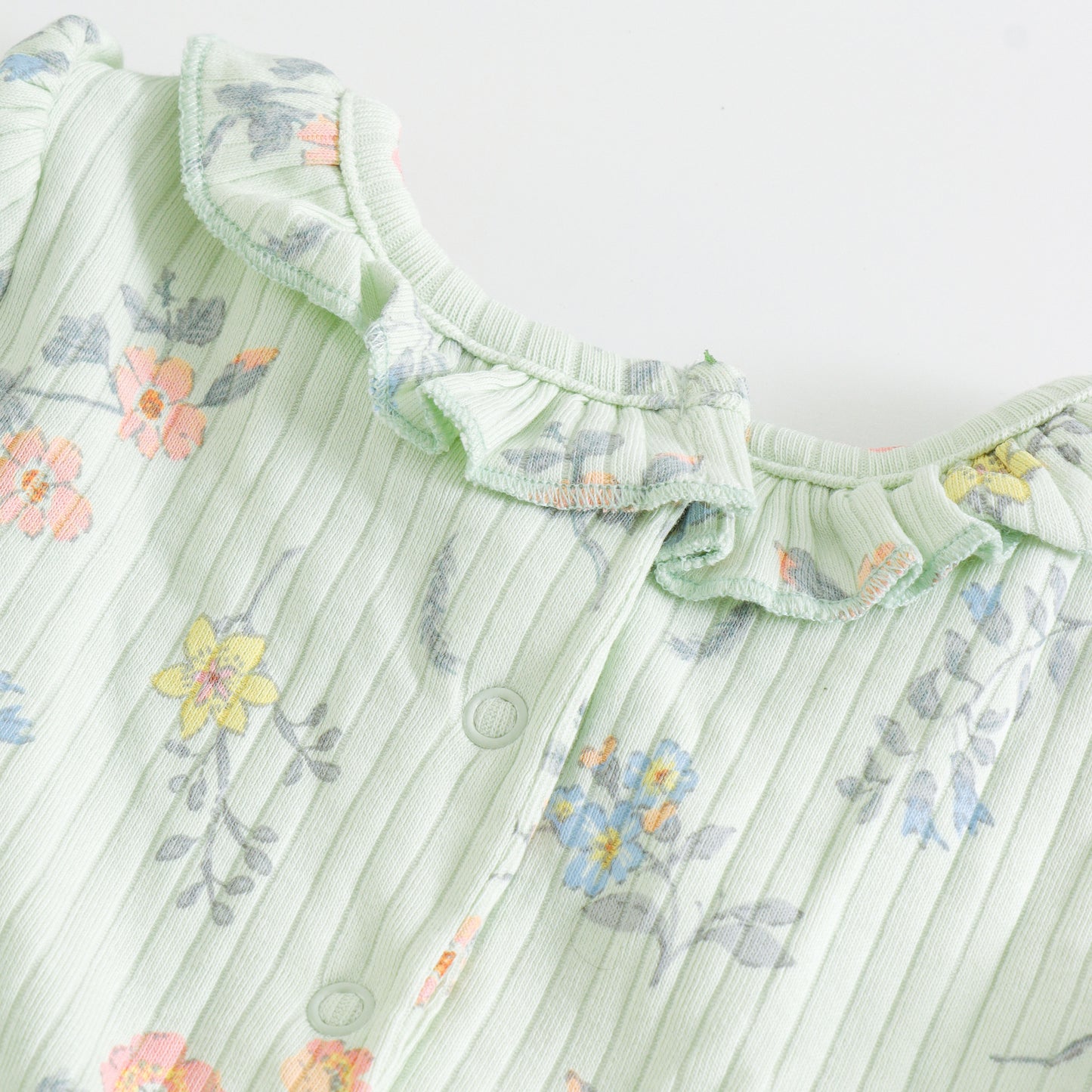 "Baby Girls Mint Green Floral Printed Rib Knit Dress – Long Sleeve"