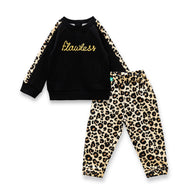 "Girls' Flawless Black Sweatshirt & Leopard Print Jogger Set – Stylish & Comfy Loungewear"