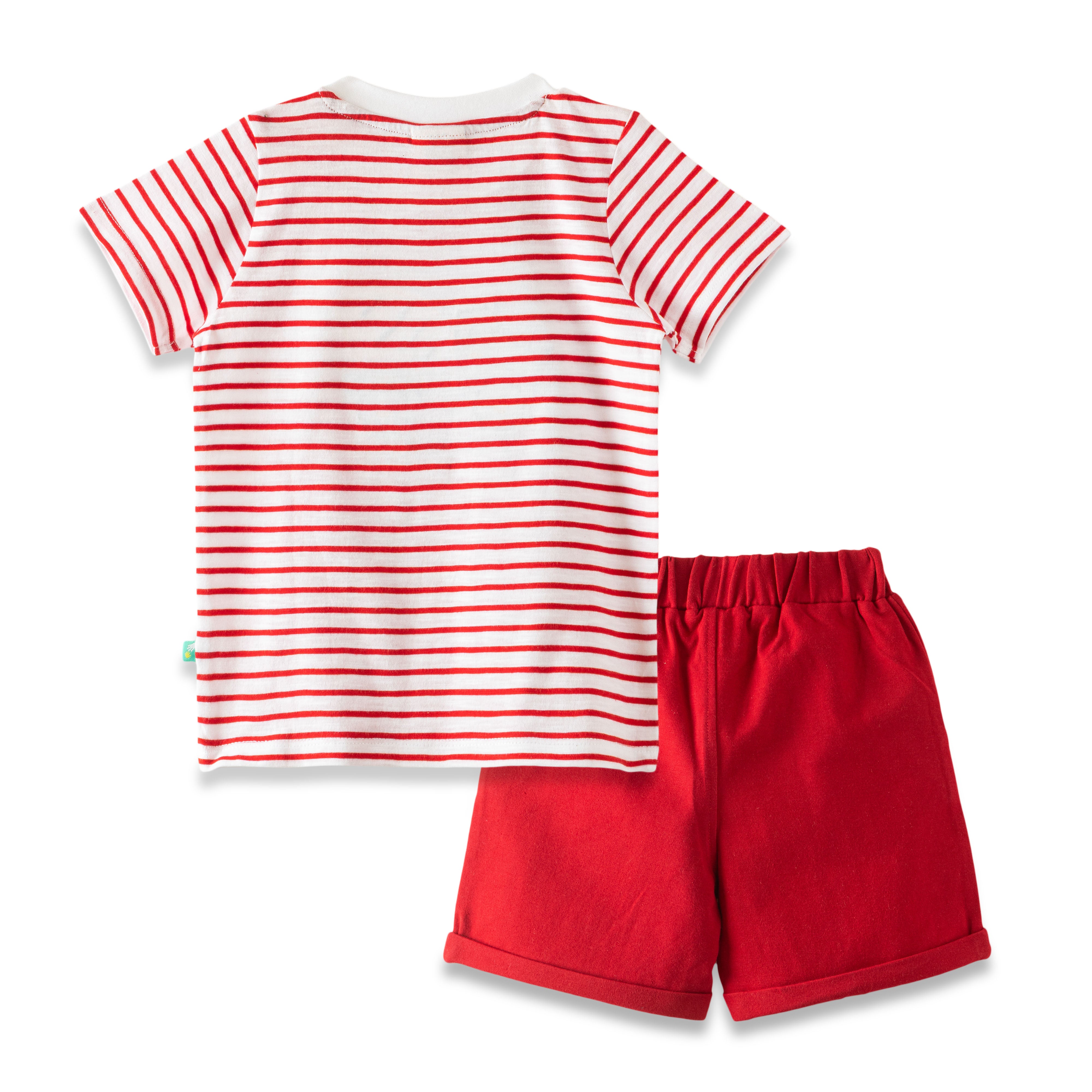 "Boys' Red Striped T-Shirt & Shorts Set with Cement Mixer Print – 2-Piece Summer Outfit"