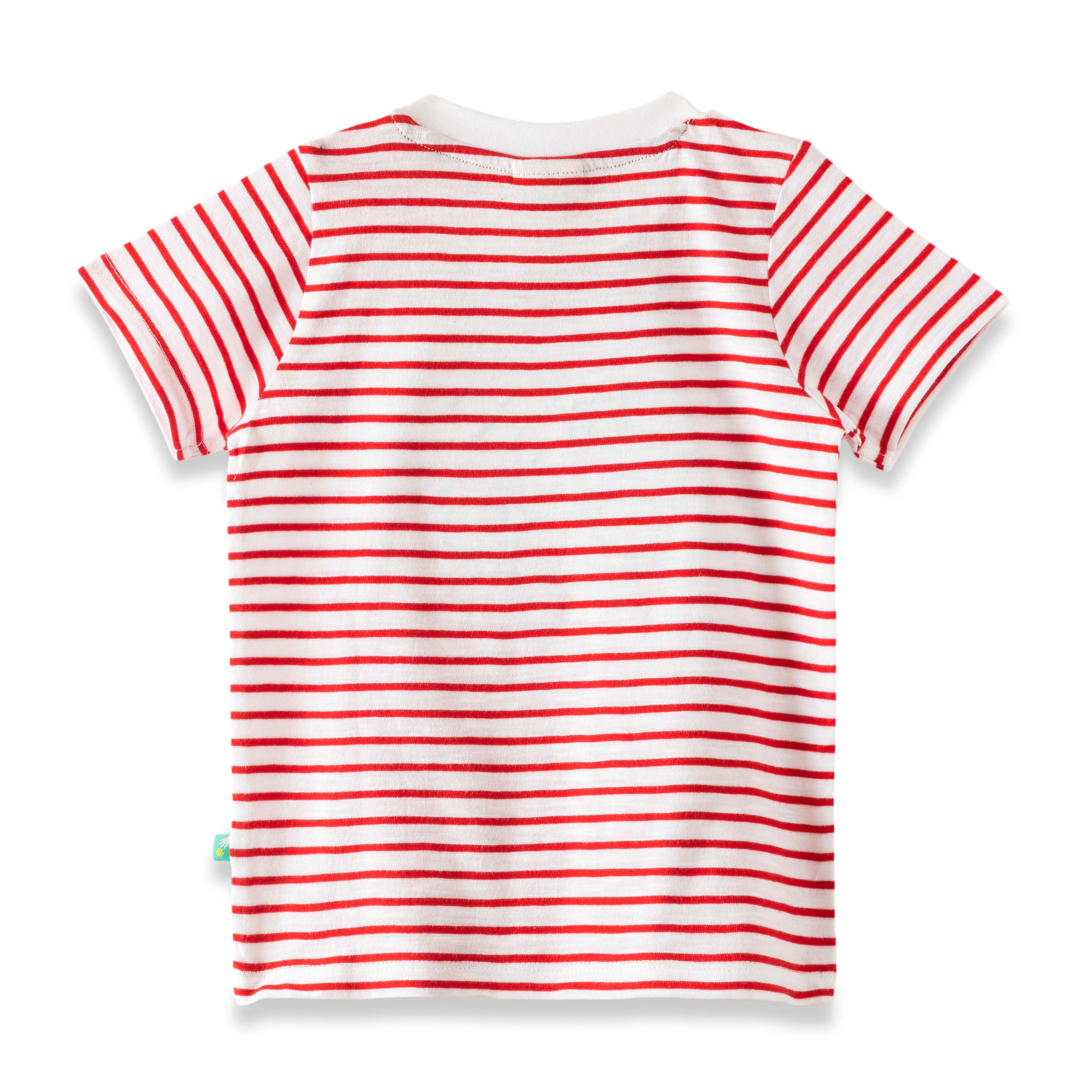 "Boys' Red Striped T-Shirt & Shorts Set with Cement Mixer Print – 2-Piece Summer Outfit"