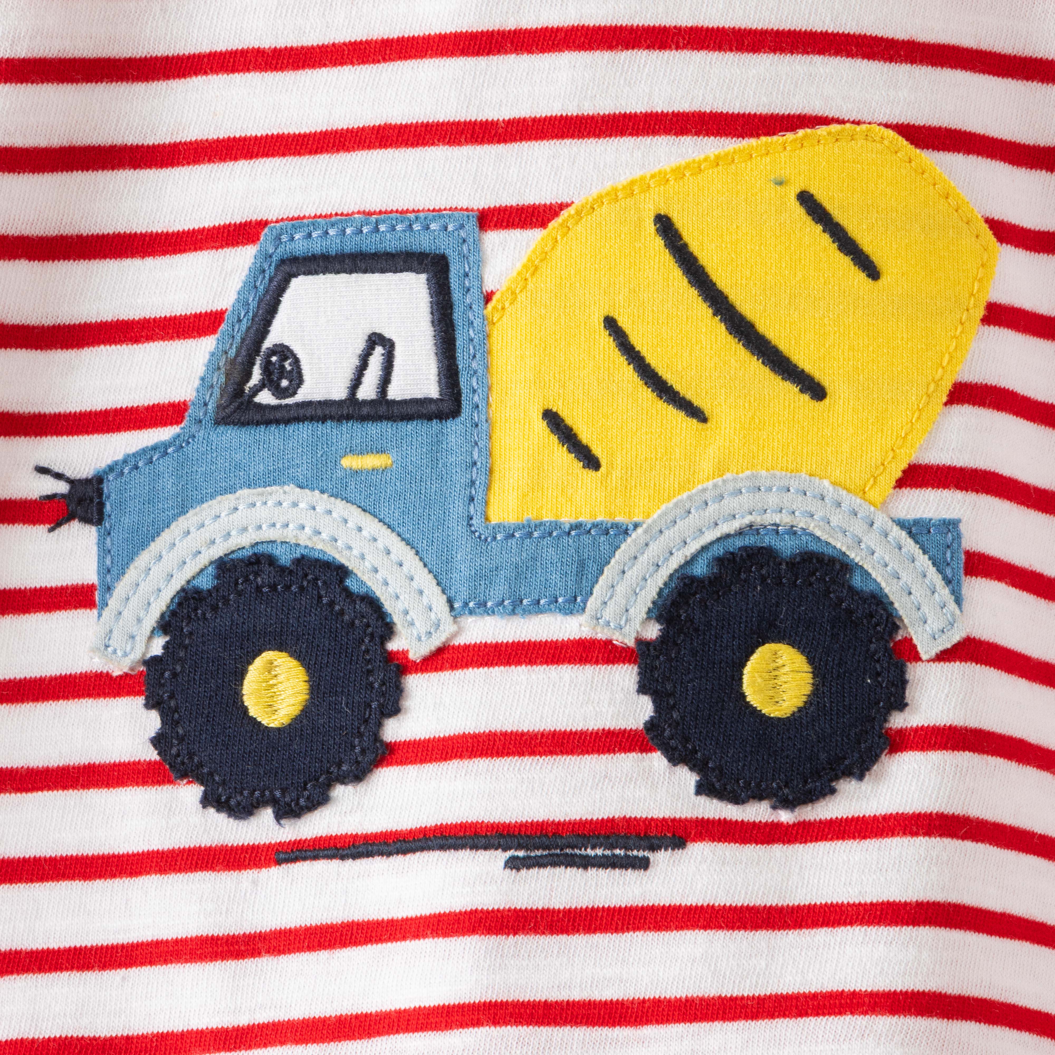 "Boys' Red Striped T-Shirt & Shorts Set with Cement Mixer Print – 2-Piece Summer Outfit"