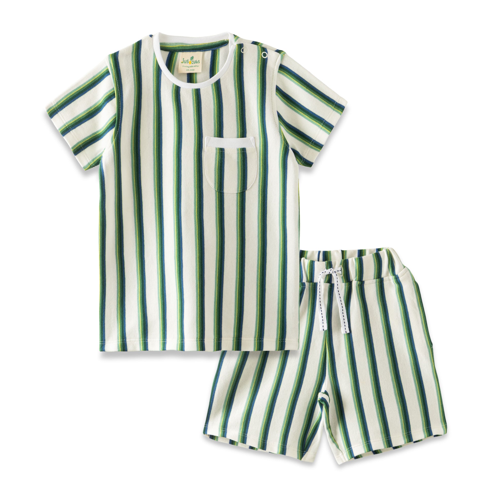 "Baby Boys' Green & Blue Striped T-Shirt and Shorts Set – 2-Piece Cotton Summer Outfit"