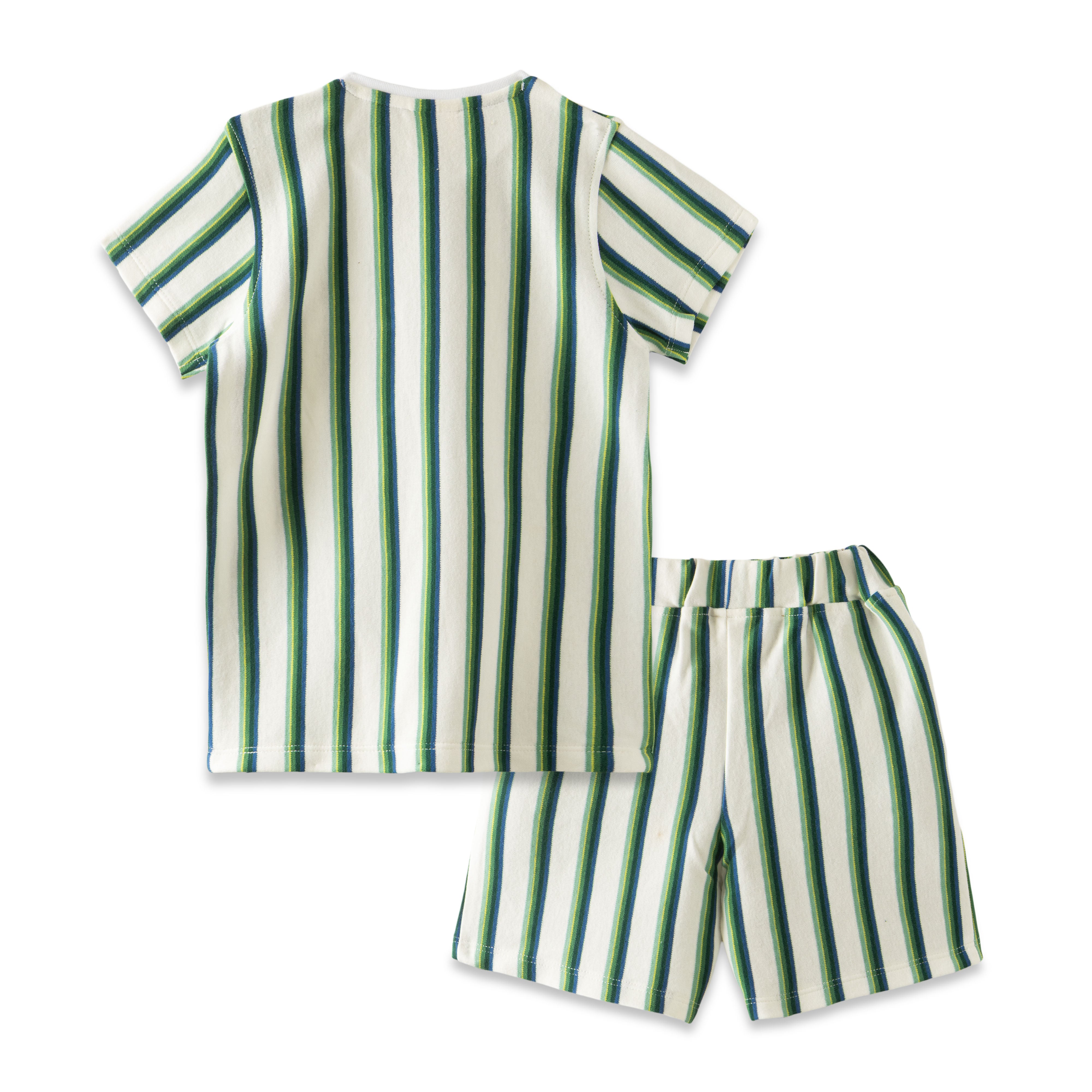 "Boys' Green & Blue Striped T-Shirt and Shorts Set – 2-Piece Cotton Summer Outfit"