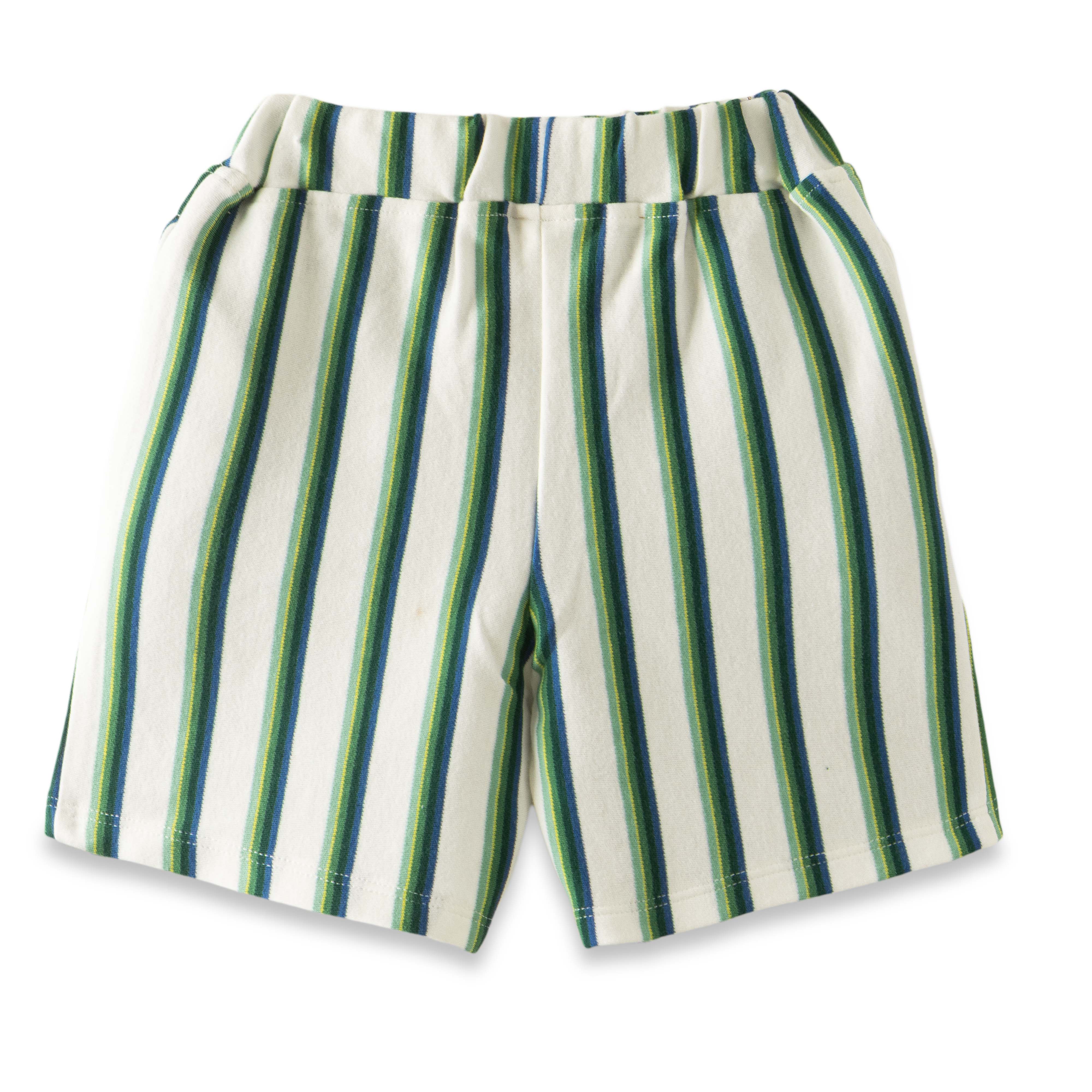 "Boys' Green & Blue Striped T-Shirt and Shorts Set – 2-Piece Cotton Summer Outfit"