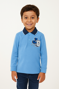"Boys Sky Blue Polo T-Shirt with JC Patch – Full Sleeves, 100% Cotton"