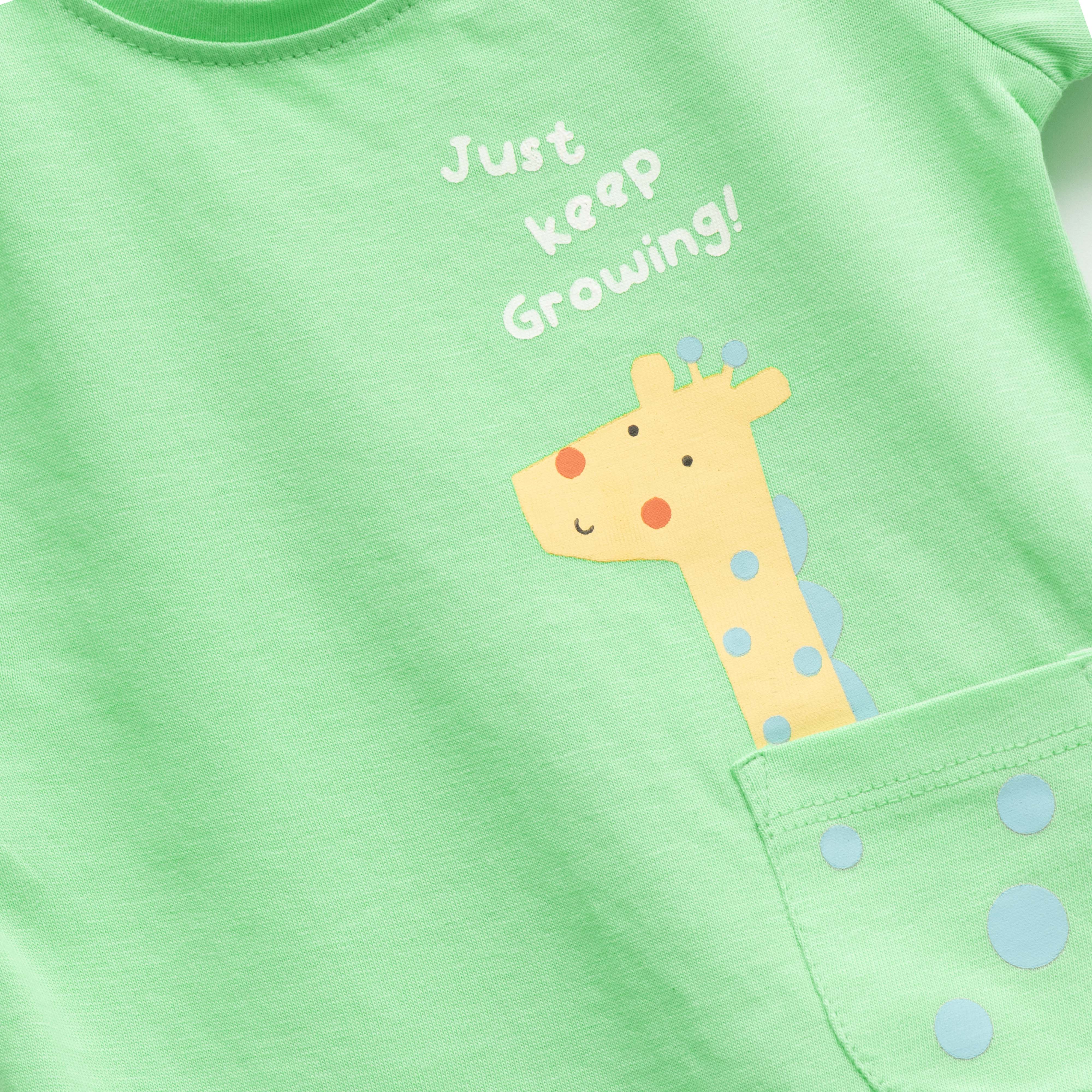 "Baby Boys Green Giraffe Print T-Shirt & Striped Shorts Set – 100% Cotton"