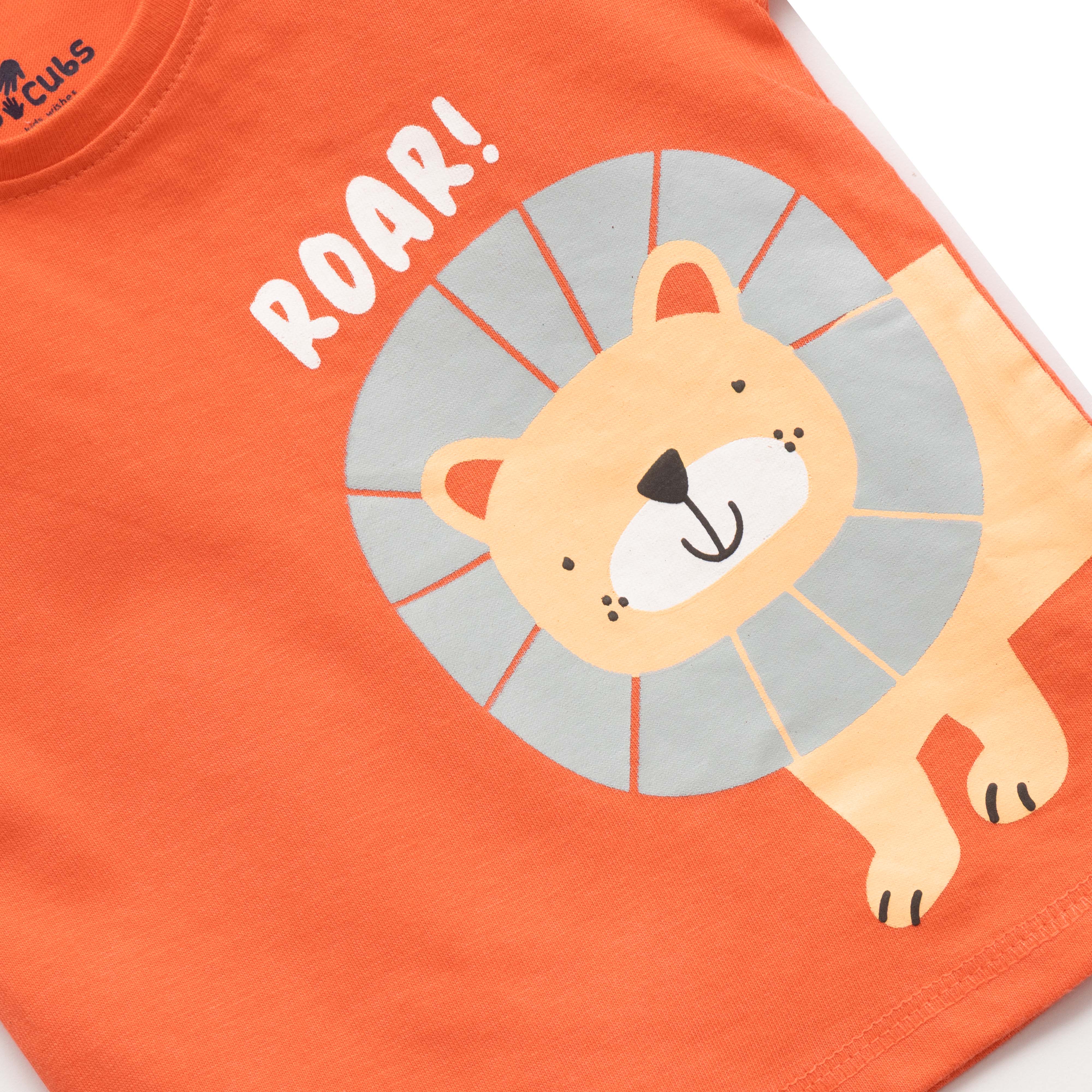 "Baby Boys Orange ‘Roar’ Lion Print T-Shirt & Animal Print Shorts Set – 100% Cotton"