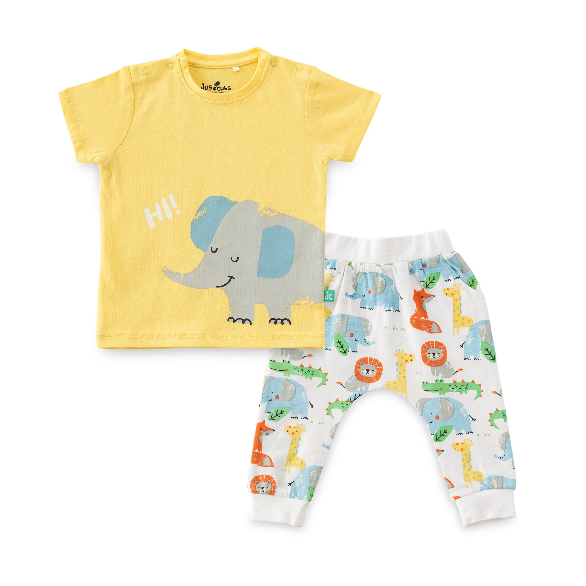 "Baby Boys' Yellow Elephant Print T-Shirt & Jungle Animal Print Jogger Set – 100% Cotton"