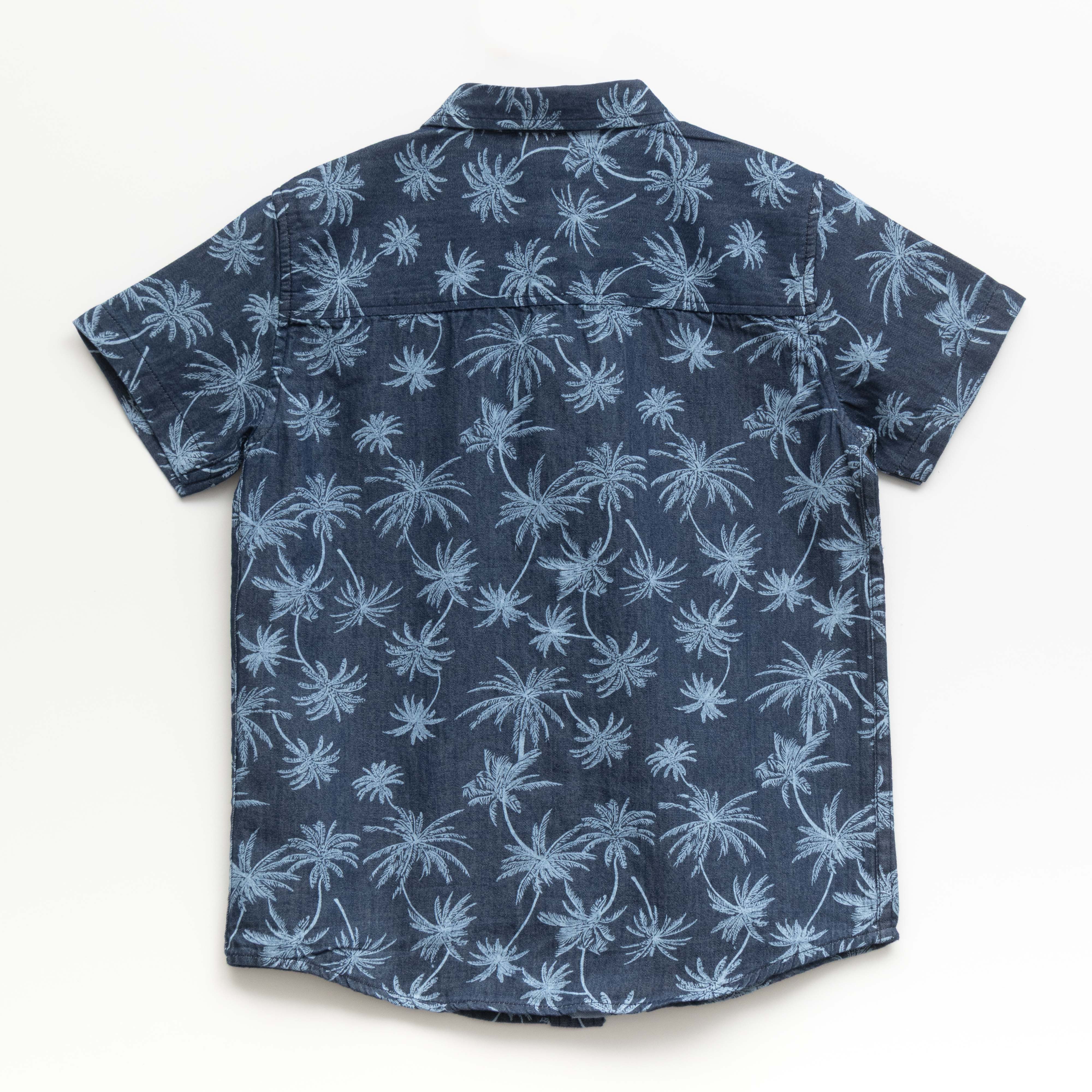 "Boys Navy Blue Palm Print Shirt – Short Sleeves, Casual Beachwear"
