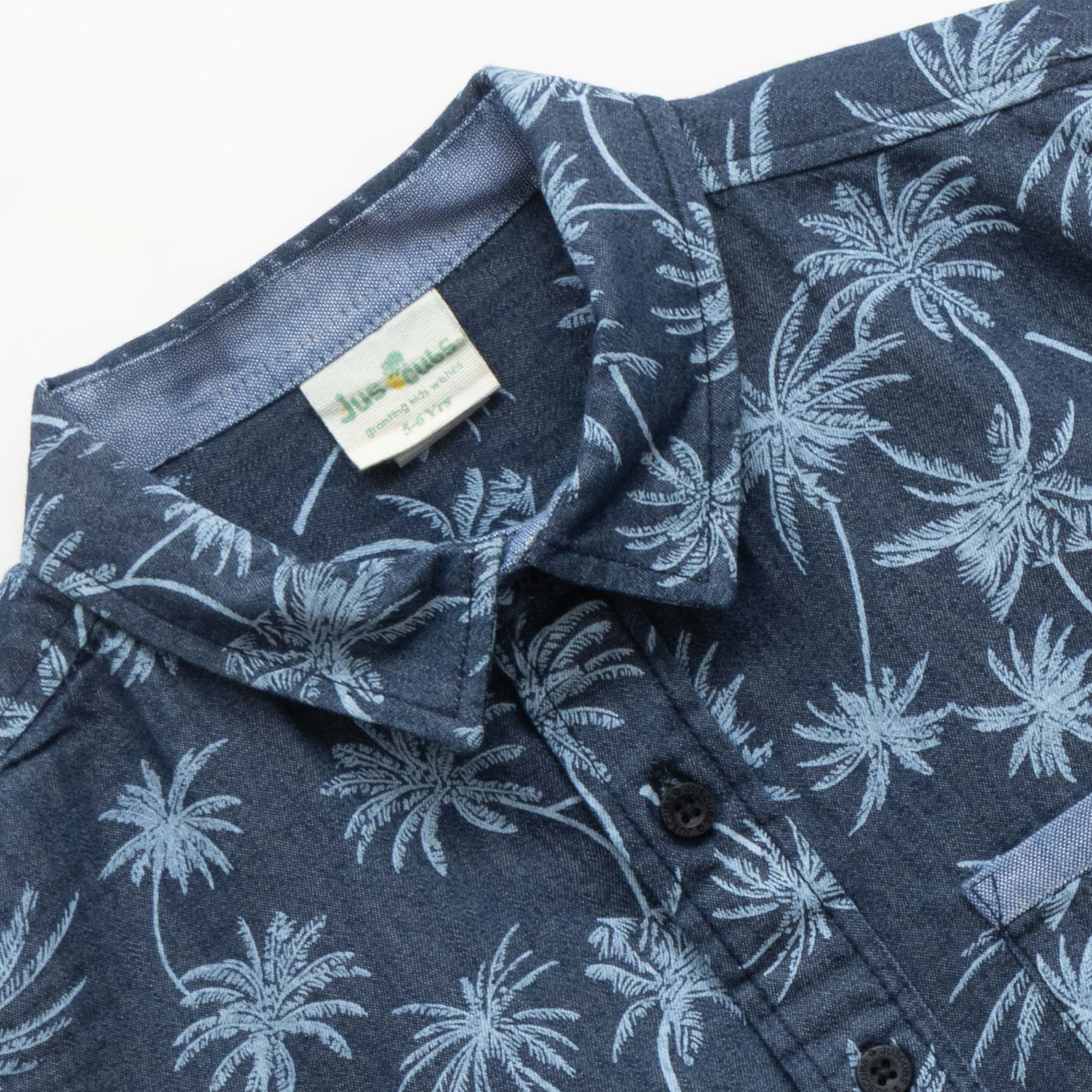 "Boys Navy Blue Palm Print Shirt – Short Sleeves, Casual Beachwear"