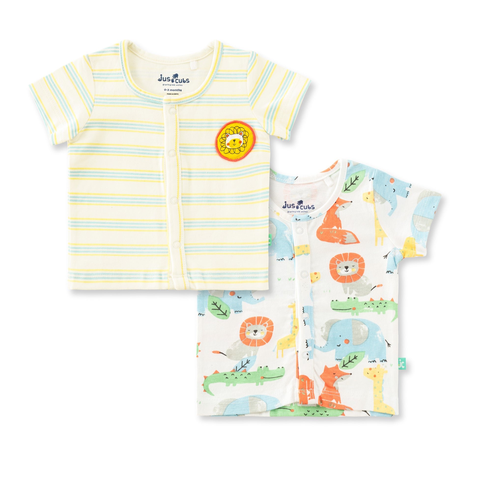 "Baby Boys Jhabla Combo – Pack of 2 | Cream-Yellow Striped & White Multi-Color Animal Print | Soft Cotton Front-Open Tees