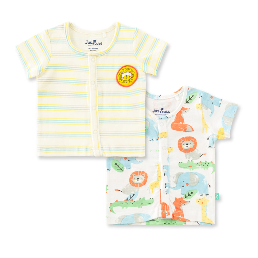 "Baby Boys Jhabla Combo – Pack of 2 | Cream-Yellow Striped & White Multi-Color Animal Print | Soft Cotton Front-Open Tees
