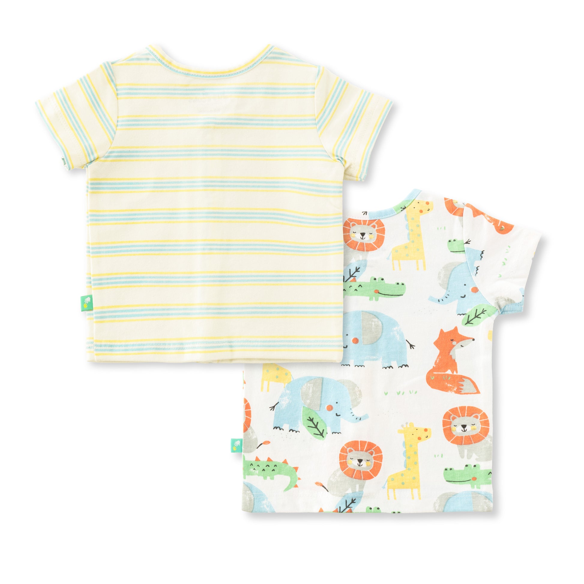 "Baby Boys Jhabla Combo – Pack of 2 | Cream-Yellow Striped & White Multi-Color Animal Print | Soft Cotton Front-Open Tees