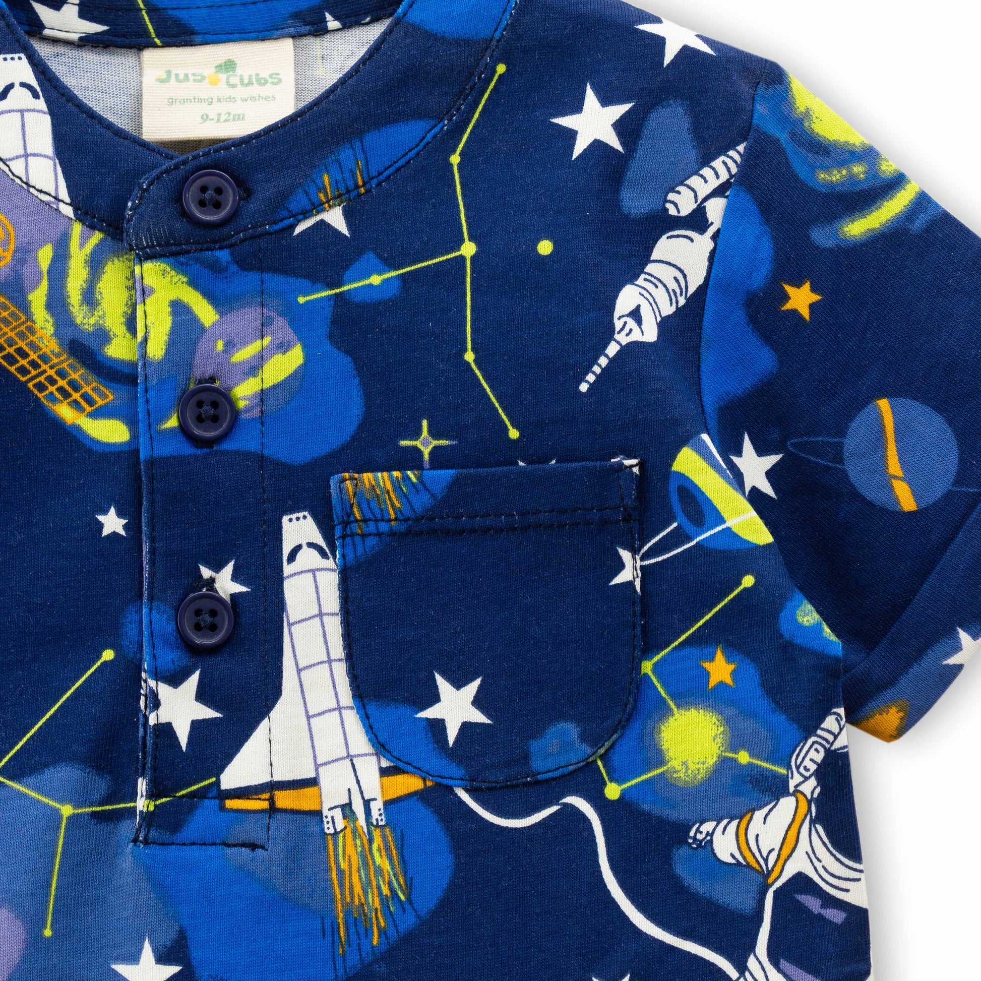 "Boys Navy Blue Space Print Cotton Henley T-Shirt – Half Sleeves"