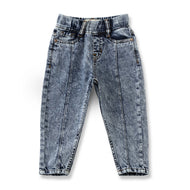 "Baby Boys Light Wash Denim Jeans with Front Seam & Elastic Waistband"