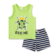 "Baby Boys Green Sleeveless Bug Print T-shirt & Navy Striped Shorts Set – Cotton Summer Co-ord"