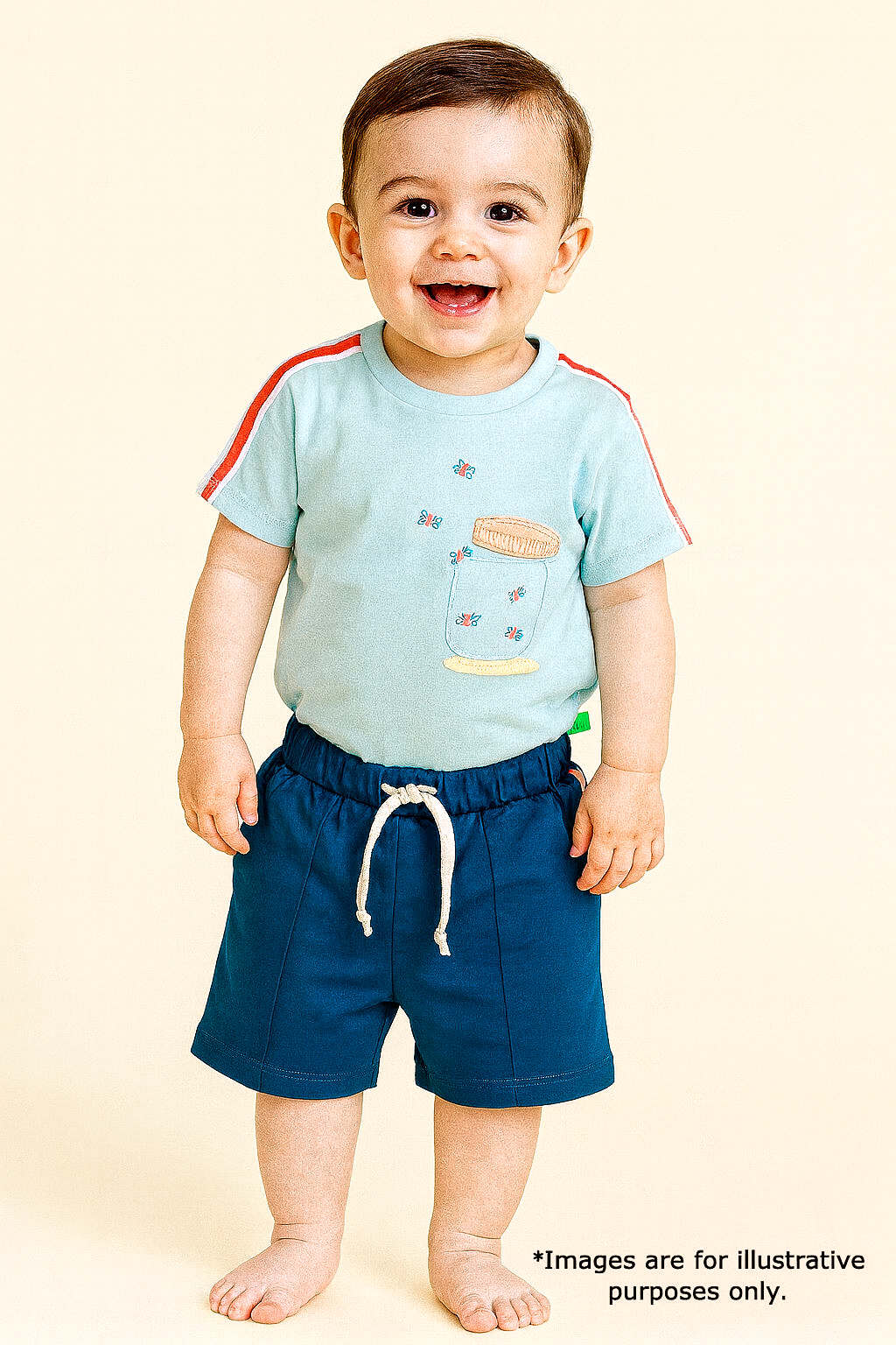 "Baby Boys Aqua Blue Butterfly Jar Print T-Shirt & Navy Blue Cotton Shorts Set"