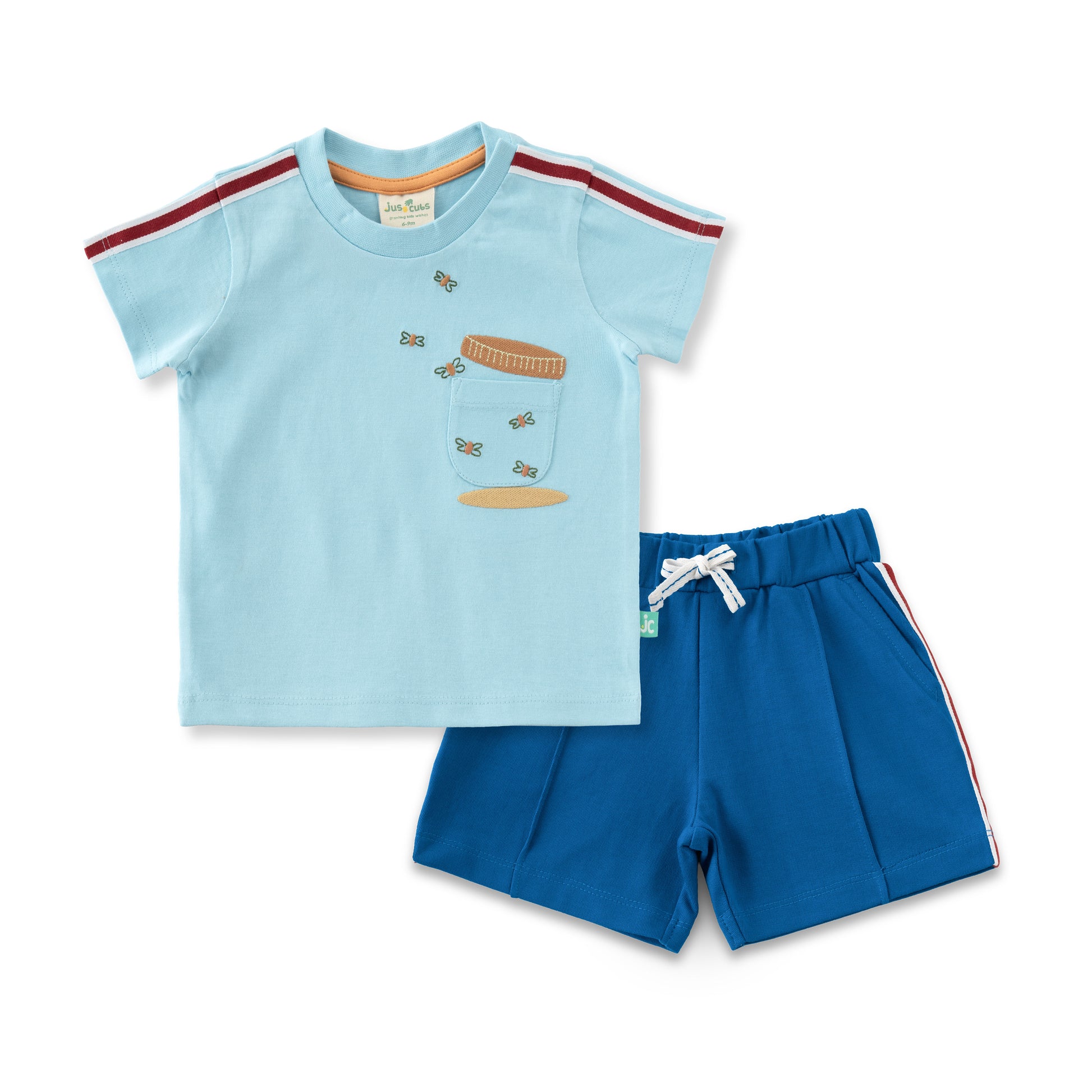 "Baby Boys Aqua Blue Butterfly Jar Print T-Shirt & Navy Blue Cotton Shorts Set"