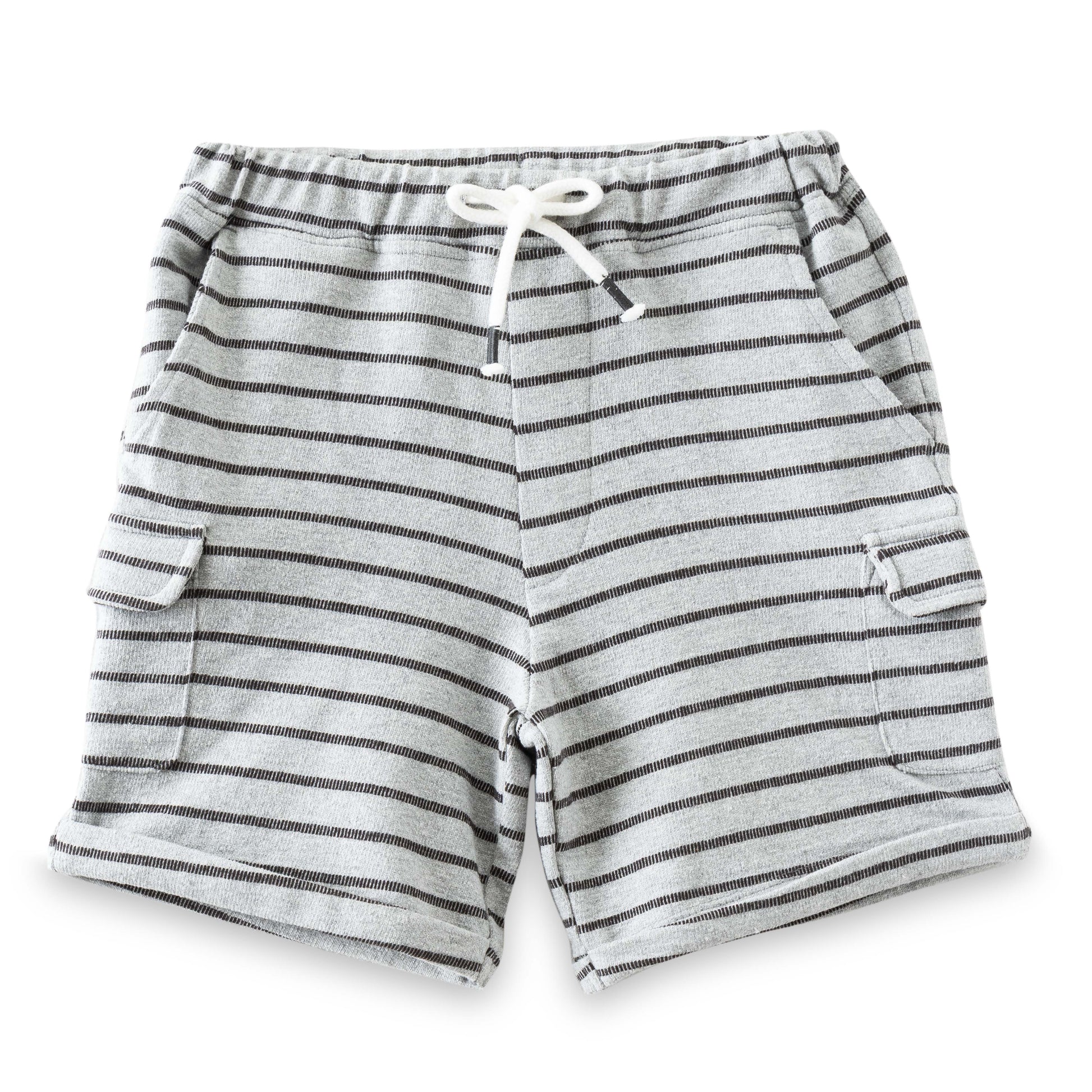 "Boys' Grey & Black Striped Cotton Cargo Shorts with Drawstring – Casual Wear"