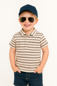 "Boys' Maroon & Cream Striped Polo T-Shirt with Pocket – Cotton Casual Wear"