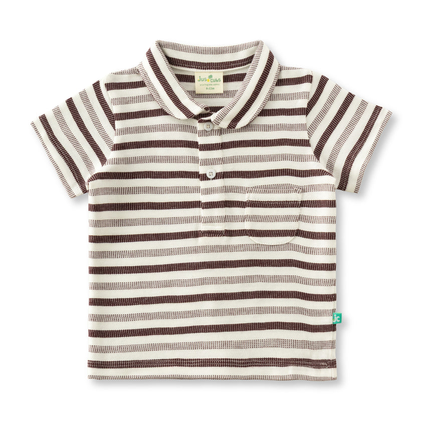 "Boys' Maroon & Cream Striped Polo T-Shirt with Pocket – Cotton Casual Wear"