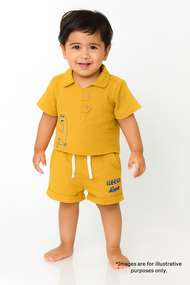 "Baby Boys Mustard Yellow Dino Print Polo Shirt & Shorts Co-ord Set"