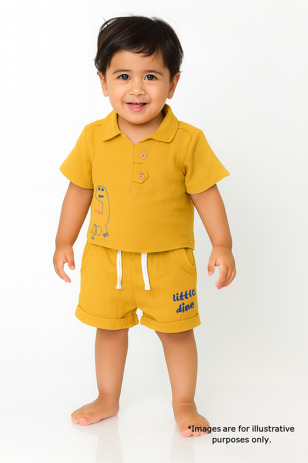 "Baby Boys Mustard Yellow Dino Print Polo Shirt & Shorts Co-ord Set"