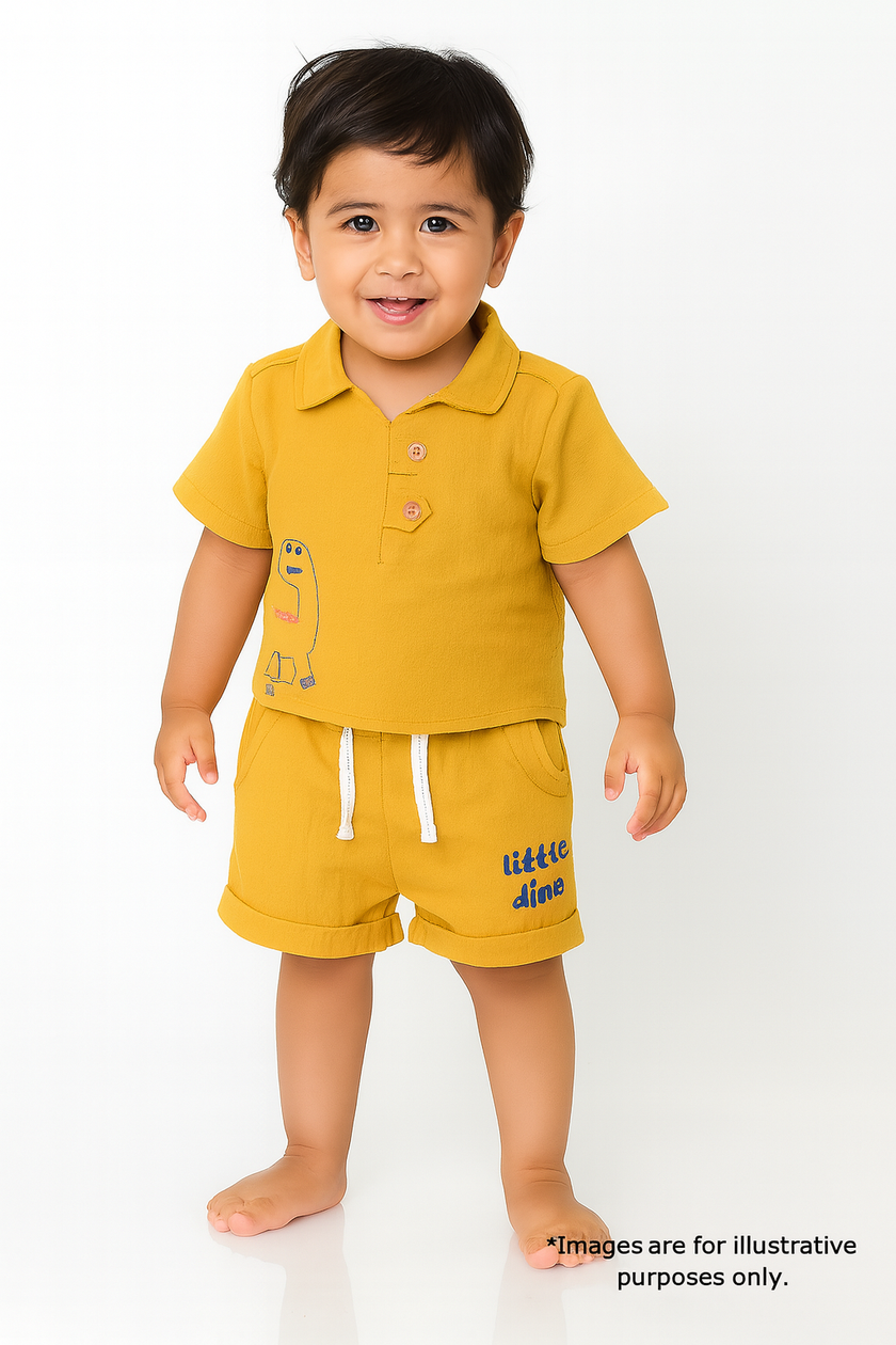 "Baby Boys Mustard Yellow Dino Print Polo Shirt & Shorts Co-ord Set"