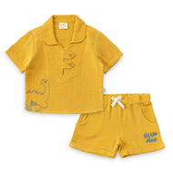 "Baby Boys Mustard Yellow Dino Print Polo Shirt & Shorts Co-ord Set"