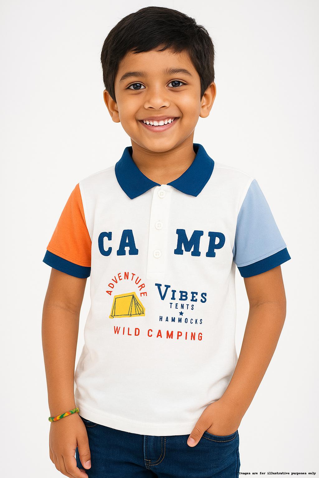 "Boys Polo T-Shirt – Colorblock Sleeves with CAMP Adventure Print"