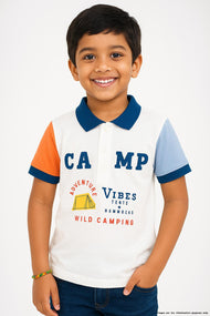 "Boys Polo T-Shirt – Colorblock Sleeves with CAMP Adventure Print"