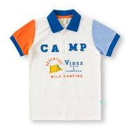 "Boys Polo T-Shirt – Colorblock Sleeves with CAMP Adventure Print"