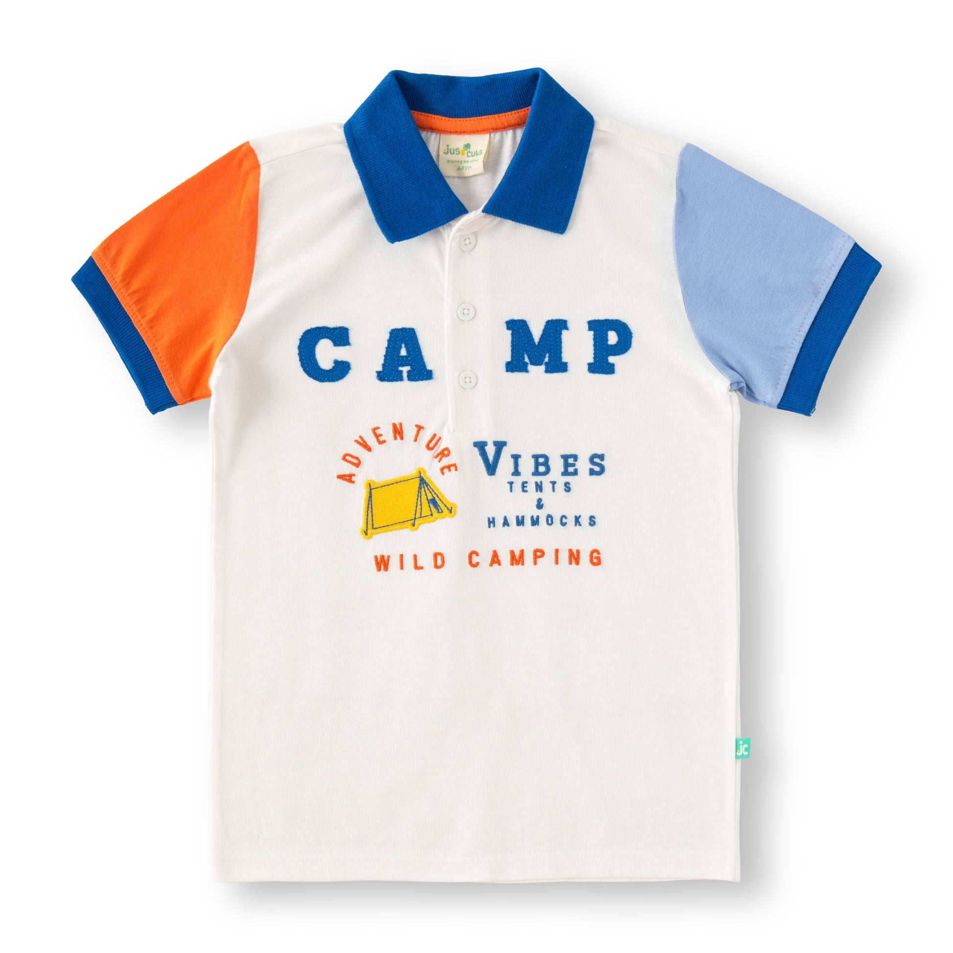 "Boys Polo T-Shirt – Colorblock Sleeves with CAMP Adventure Print"