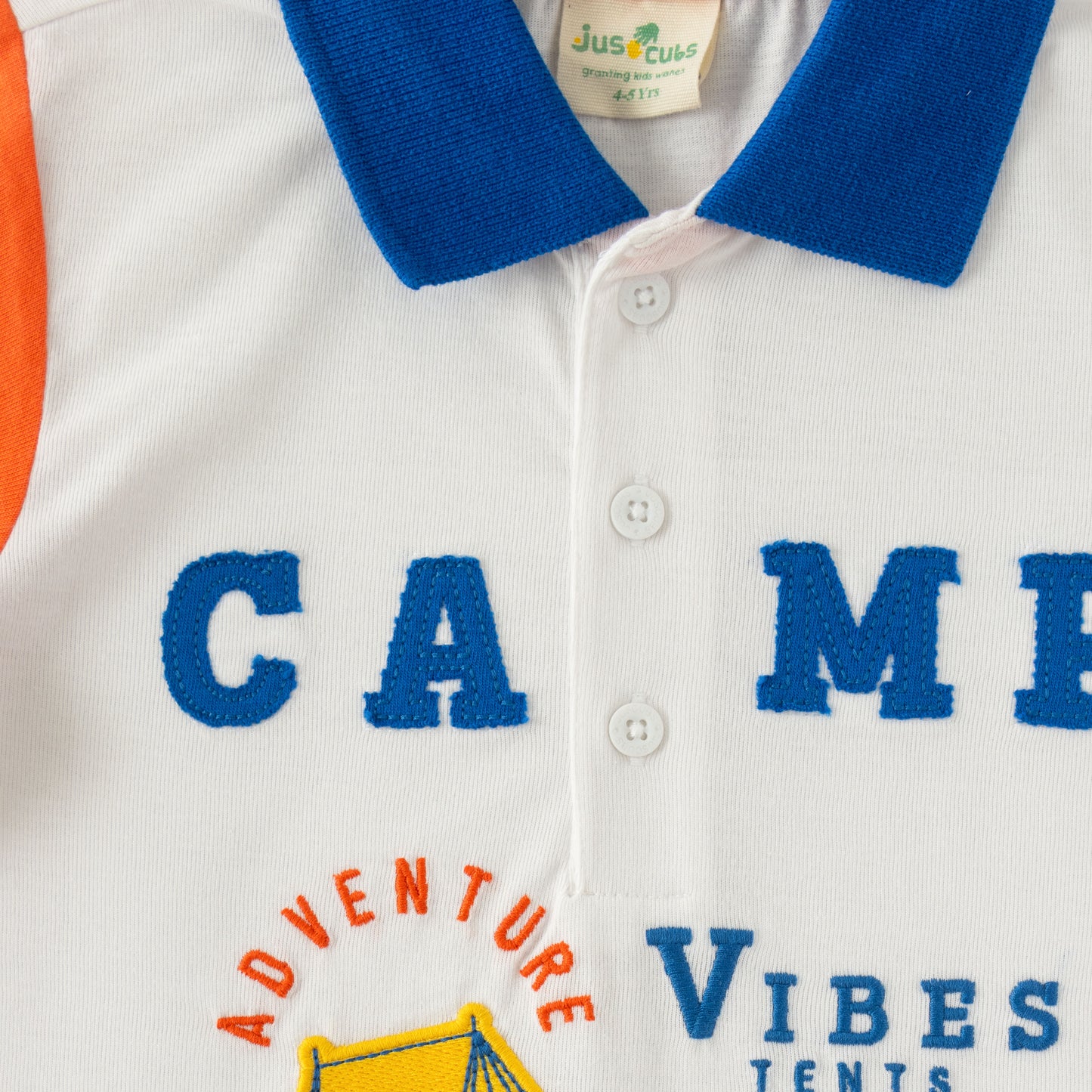 "Boys Polo T-Shirt – Colorblock Sleeves with CAMP Adventure Print"